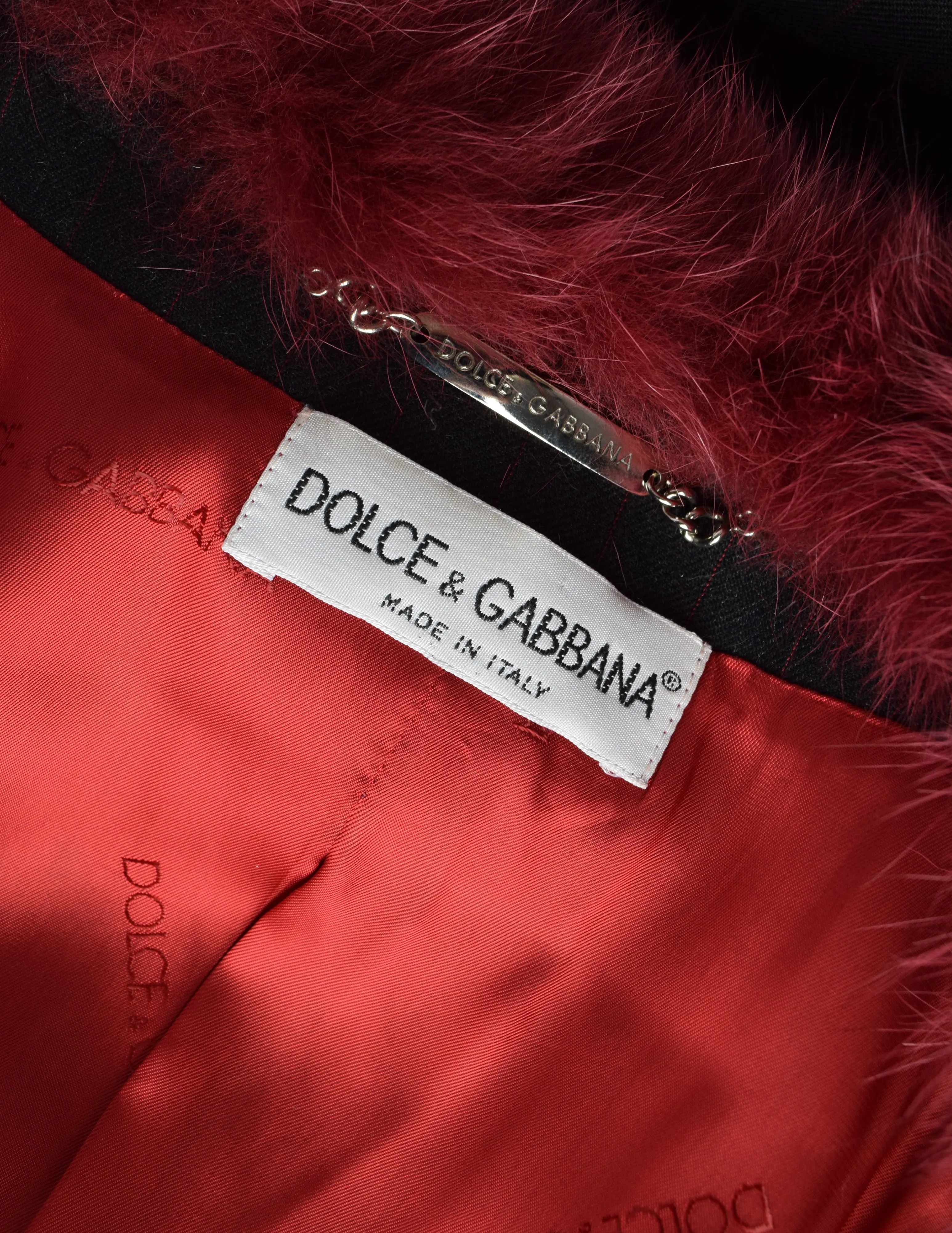 Dolce & Gabbana Vintage AW1997 Runway Charcoal Burgundy Pinstripe Fox Fur Coat and Pant Suit Set