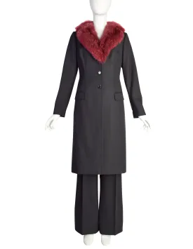 Dolce & Gabbana Vintage AW1997 Runway Charcoal Burgundy Pinstripe Fox Fur Coat and Pant Suit Set