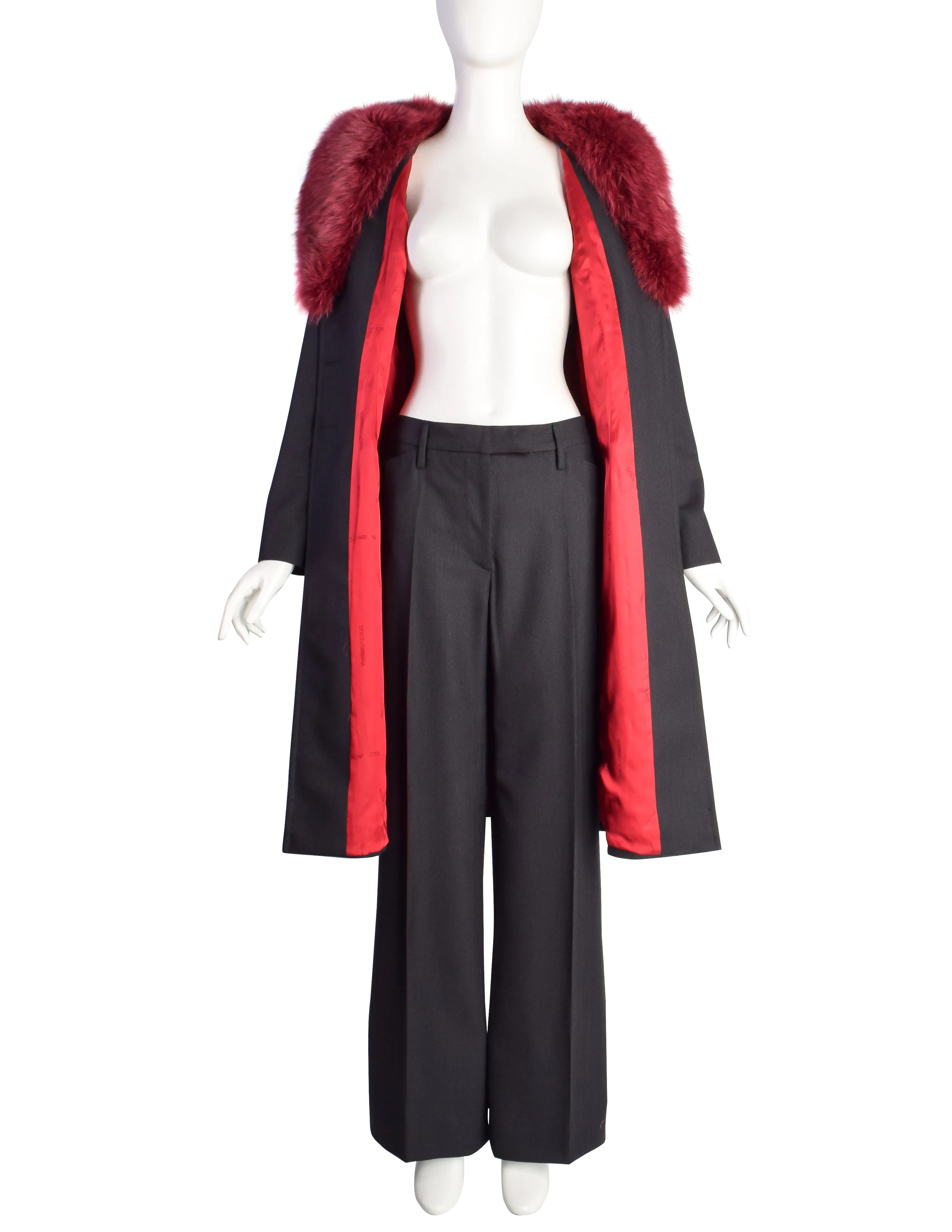 Dolce & Gabbana Vintage AW1997 Runway Charcoal Burgundy Pinstripe Fox Fur Coat and Pant Suit Set