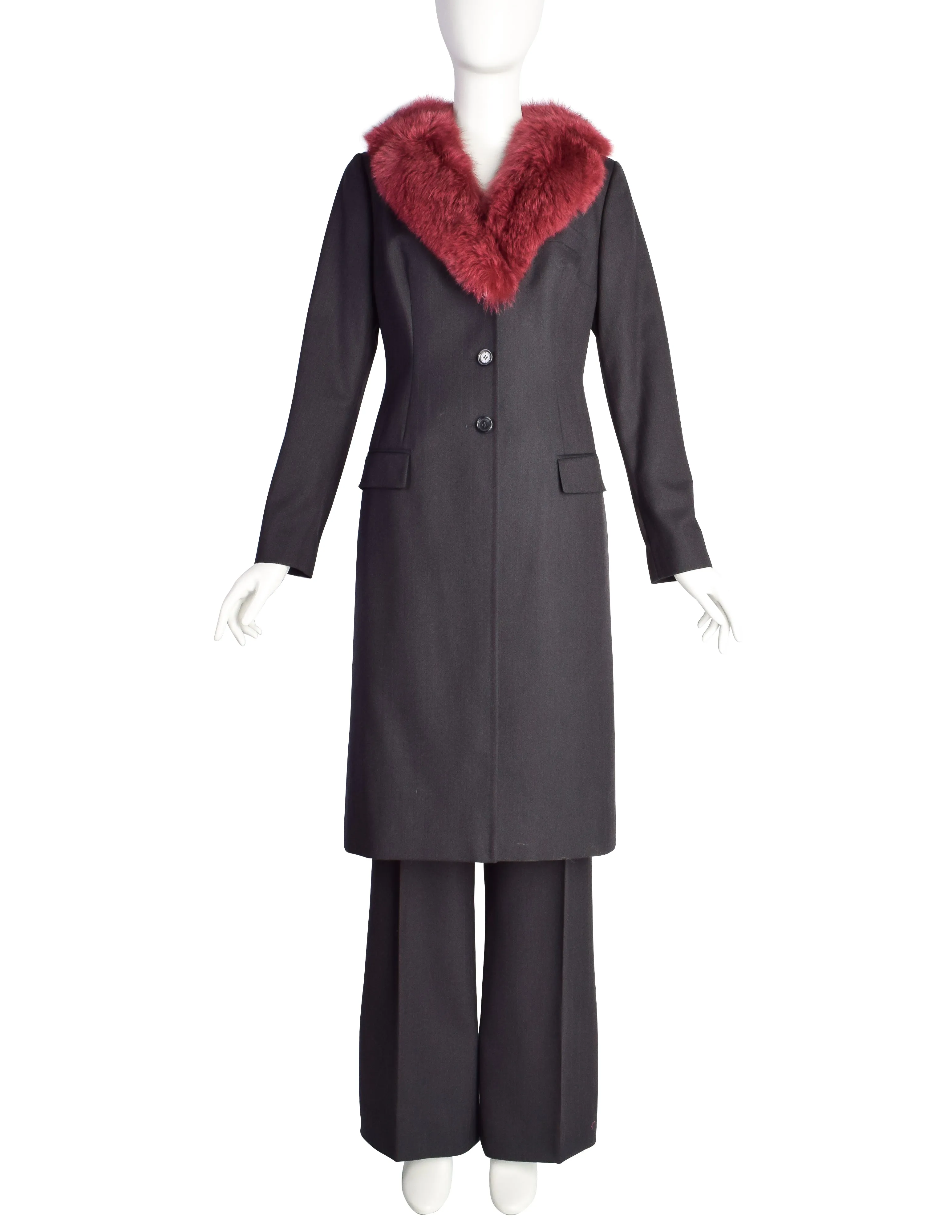 Dolce & Gabbana Vintage AW1997 Runway Charcoal Burgundy Pinstripe Fox Fur Coat and Pant Suit Set