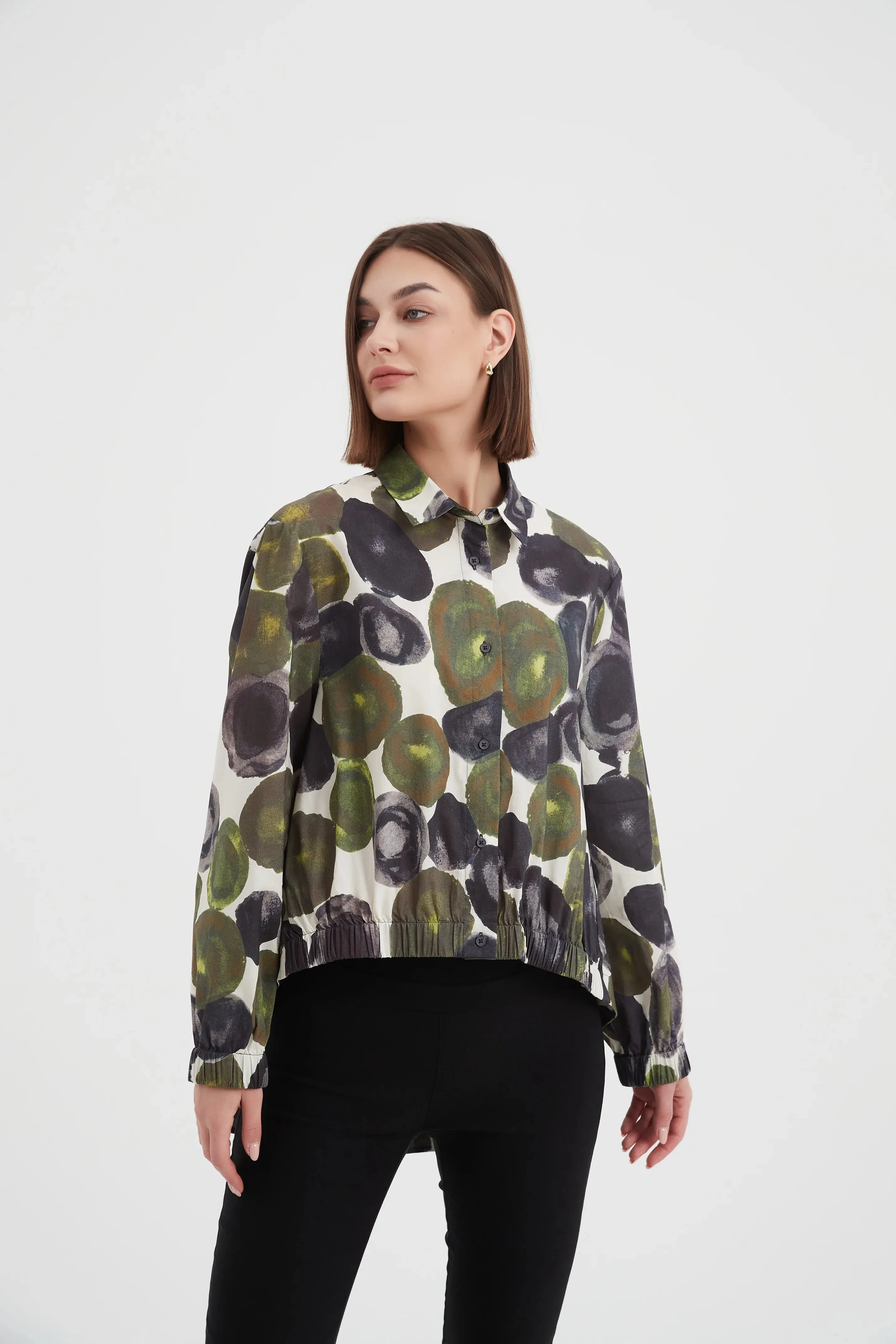 Elastic Front Hem Print Shirt | Moss Spot