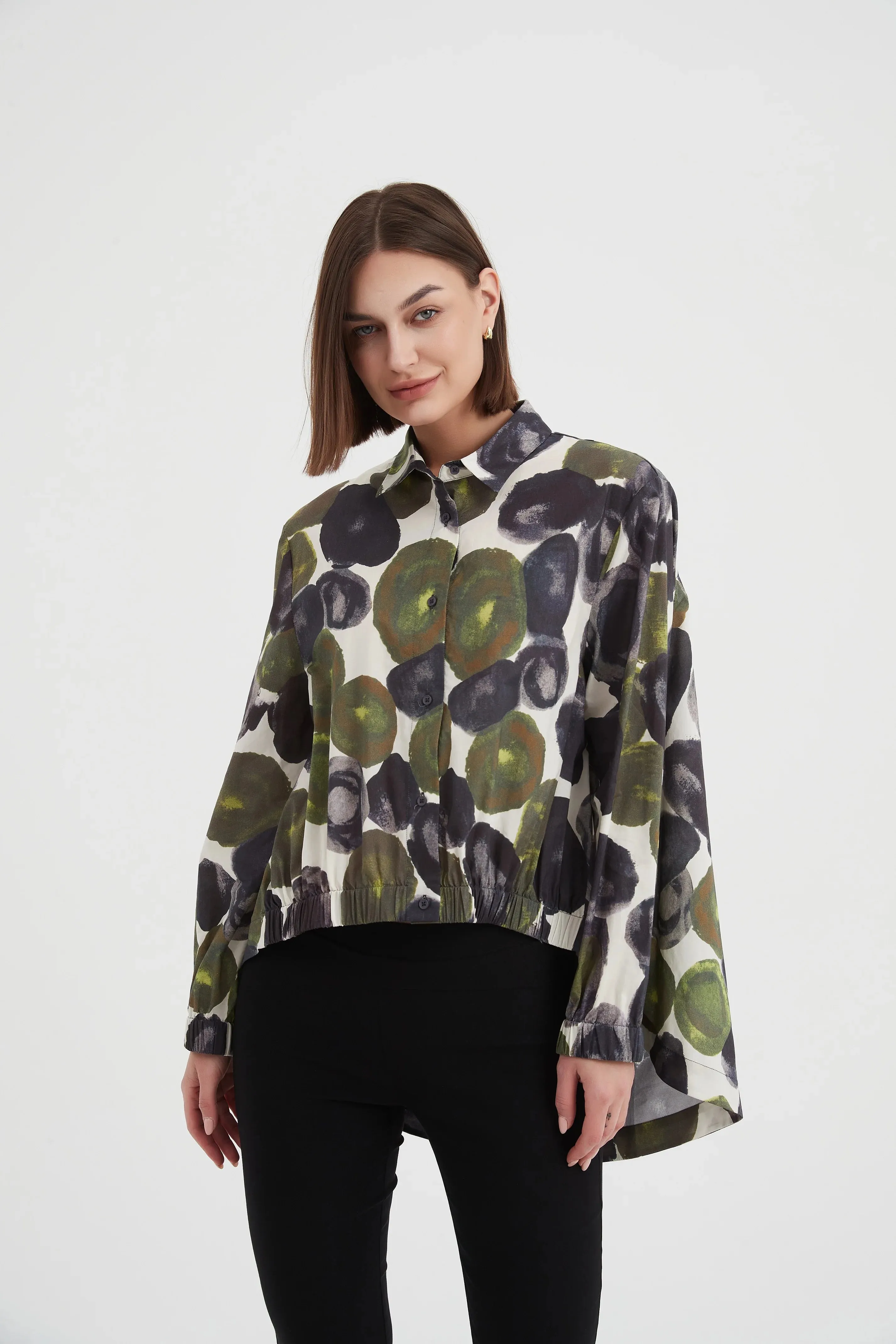 Elastic Front Hem Print Shirt | Moss Spot