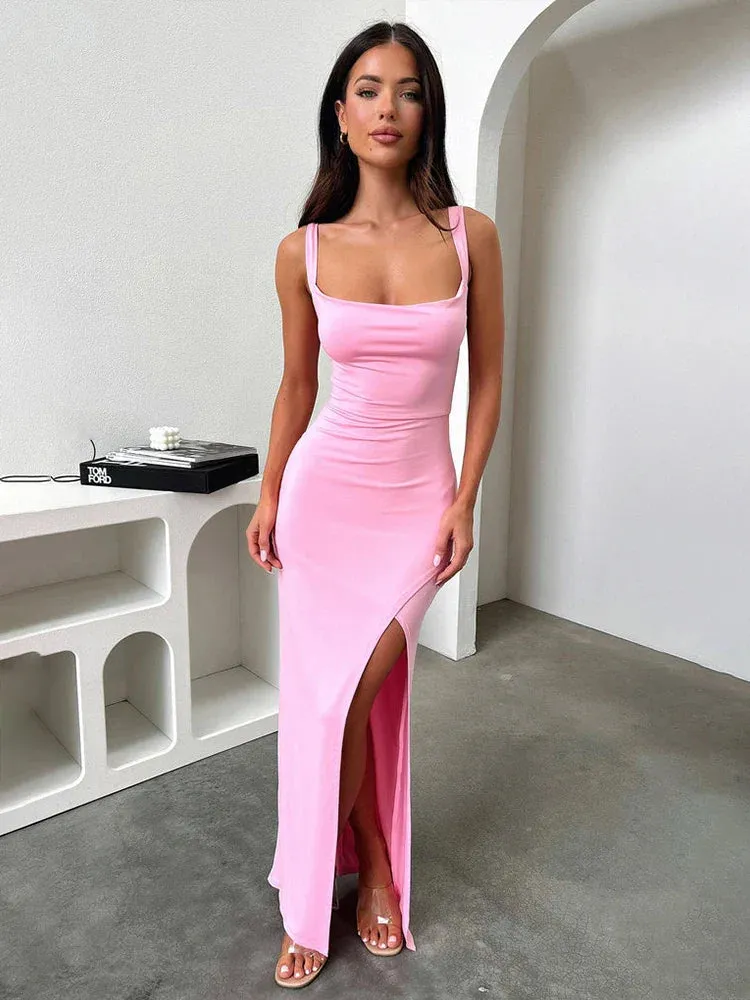 Elegant Spaghetti Strap High Split Backless Sexy Spring Summer Maxi Dress