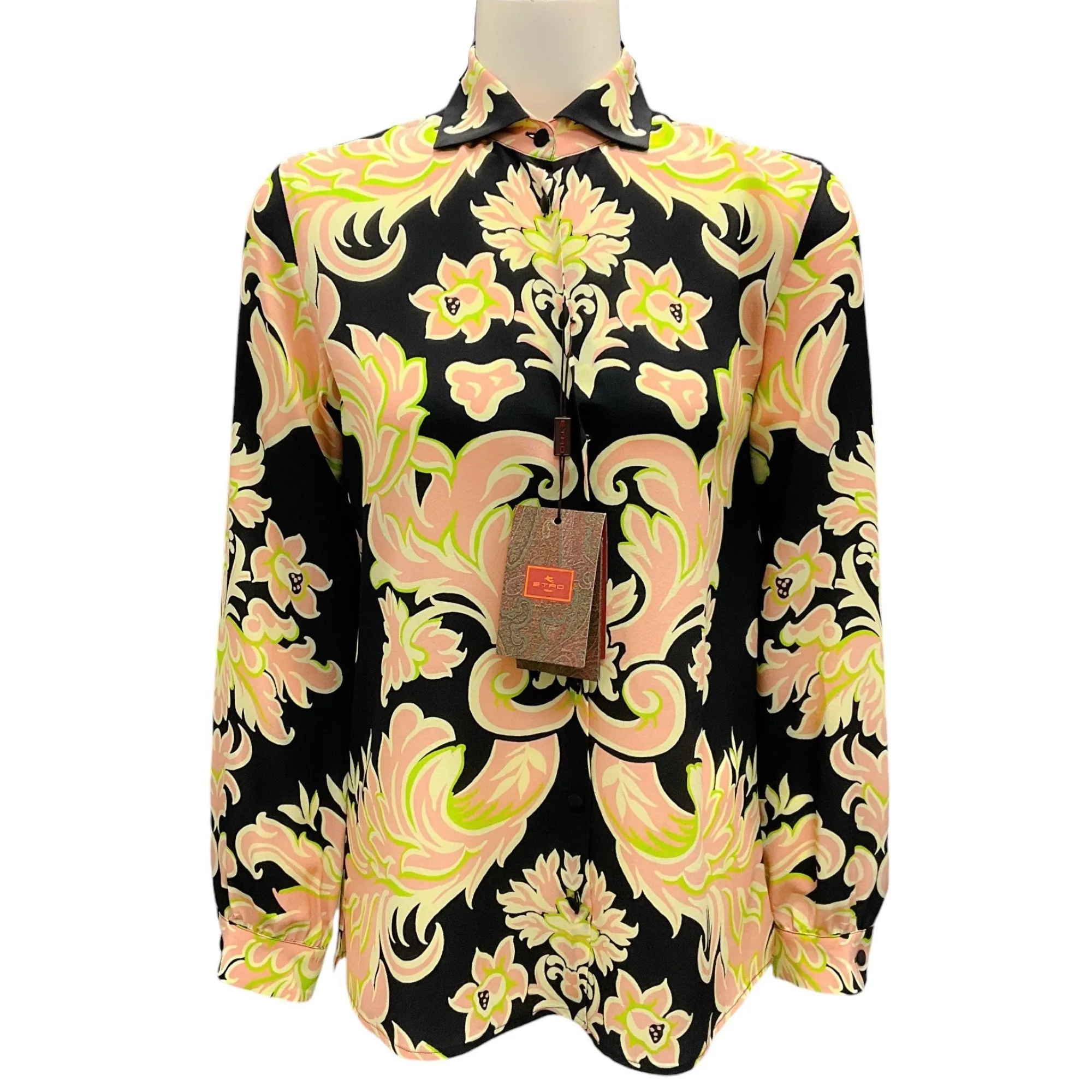 Etro Black / Pink Multi 2023 Printed Button-down Silk Blouse