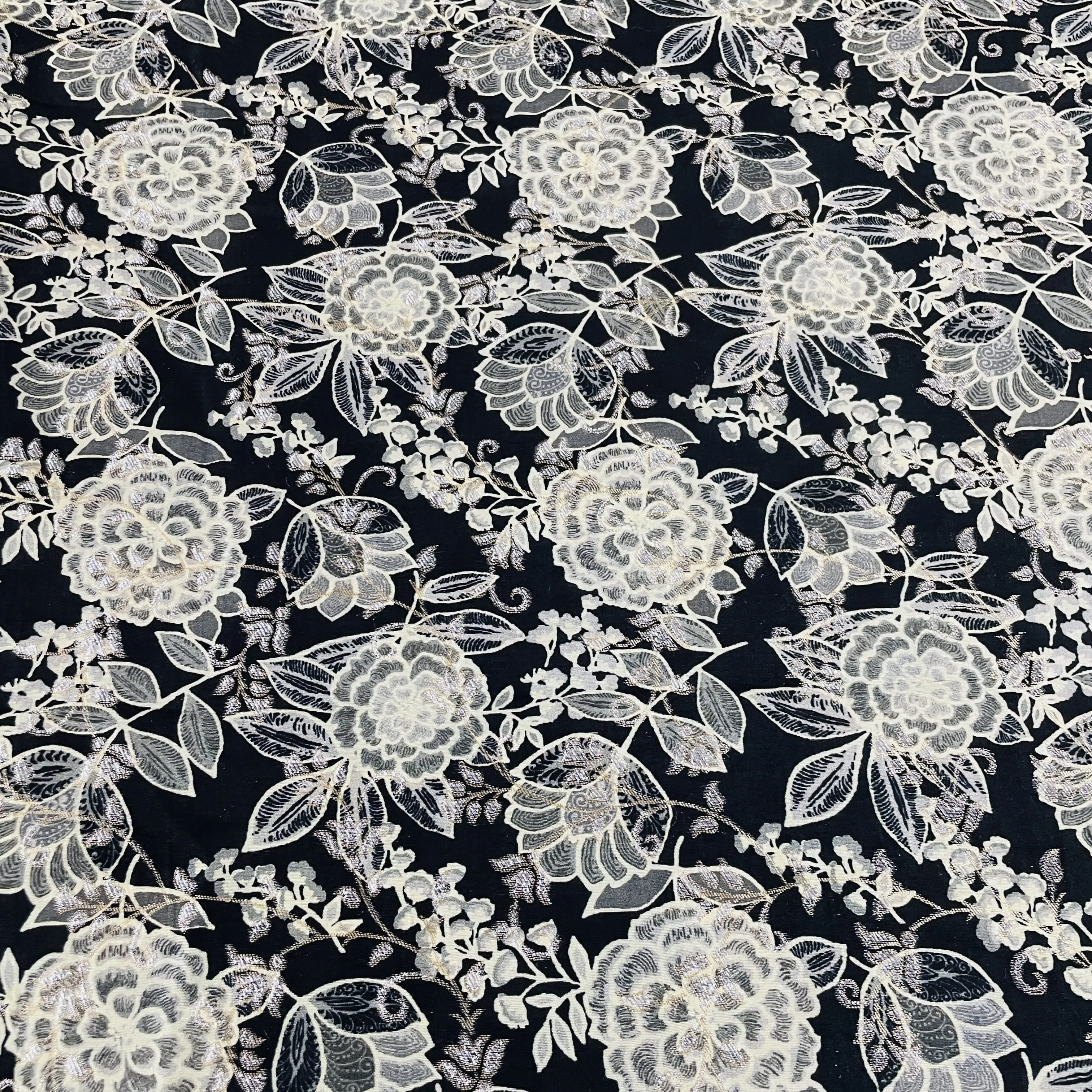 Exclusive Black Floral Print Dola Silk Jacquard Fabric