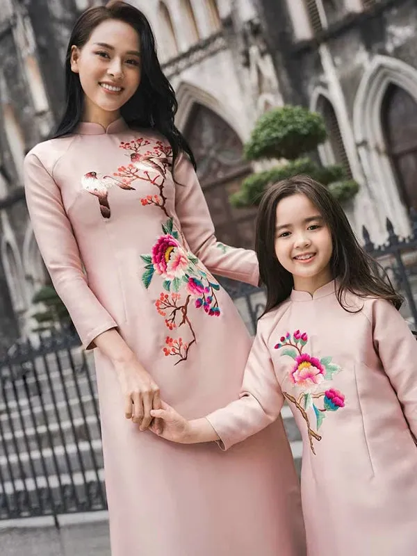 Family Ao Dai Pink Blush Embroidery Women Girl Ao Dai Top Pants Men Boy Ao Dai Top