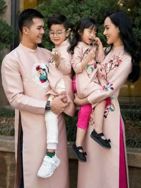 Family Ao Dai Pink Blush Embroidery Women Girl Ao Dai Top Pants Men Boy Ao Dai Top