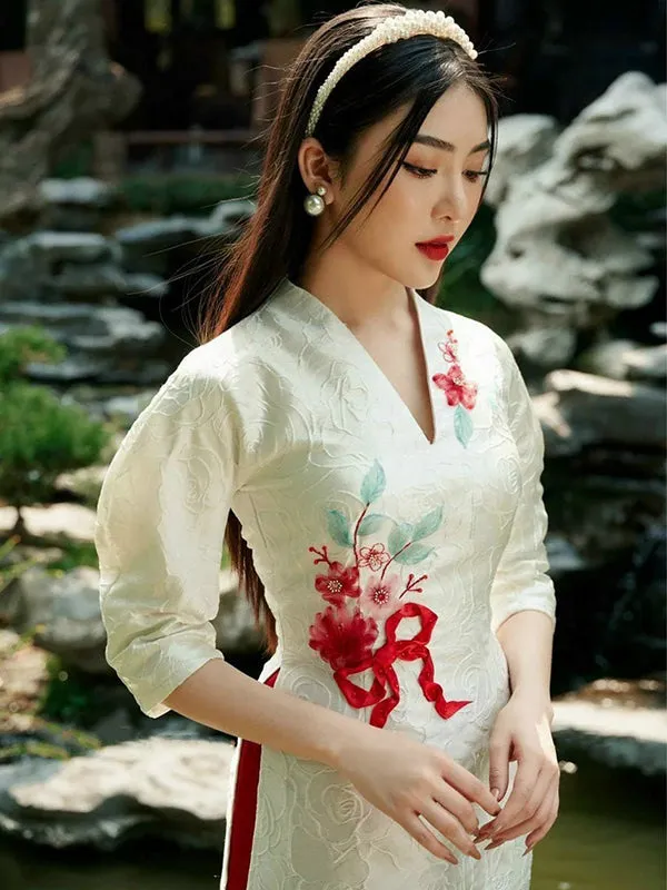 Family Ao Dai White Embroidery Ao Dai Dress Includes One Ao Dai Top And Pants