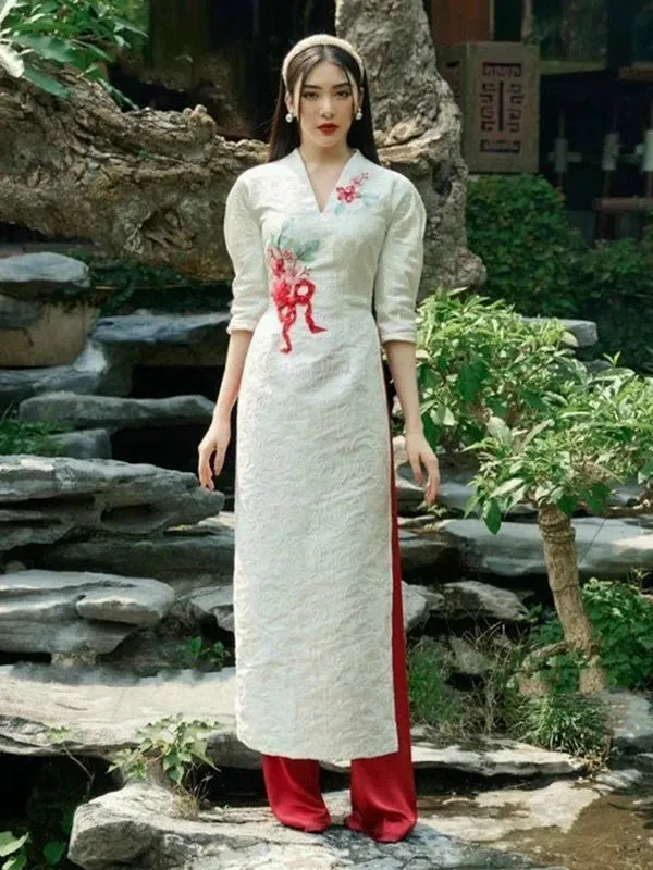 Family Ao Dai White Embroidery Ao Dai Dress Includes One Ao Dai Top And Pants