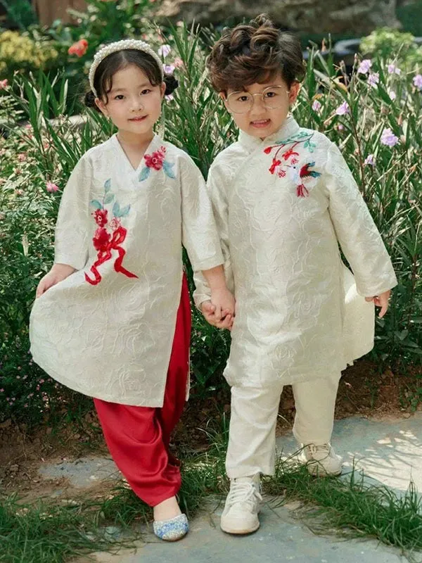 Family Ao Dai White Embroidery Ao Dai Dress Includes One Ao Dai Top And Pants