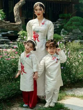 Family Ao Dai White Embroidery Ao Dai Dress Includes One Ao Dai Top And Pants