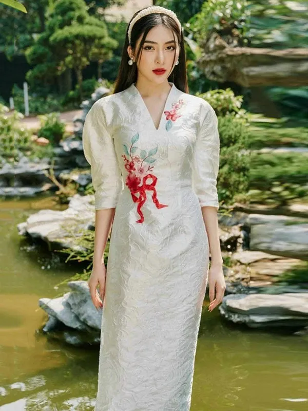 Family Ao Dai White Embroidery Ao Dai Dress Includes One Ao Dai Top And Pants