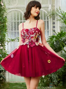 Fuchsia Applique Floral Homecoming Dress Spaghetti Straps Short Prom Dress EWR412