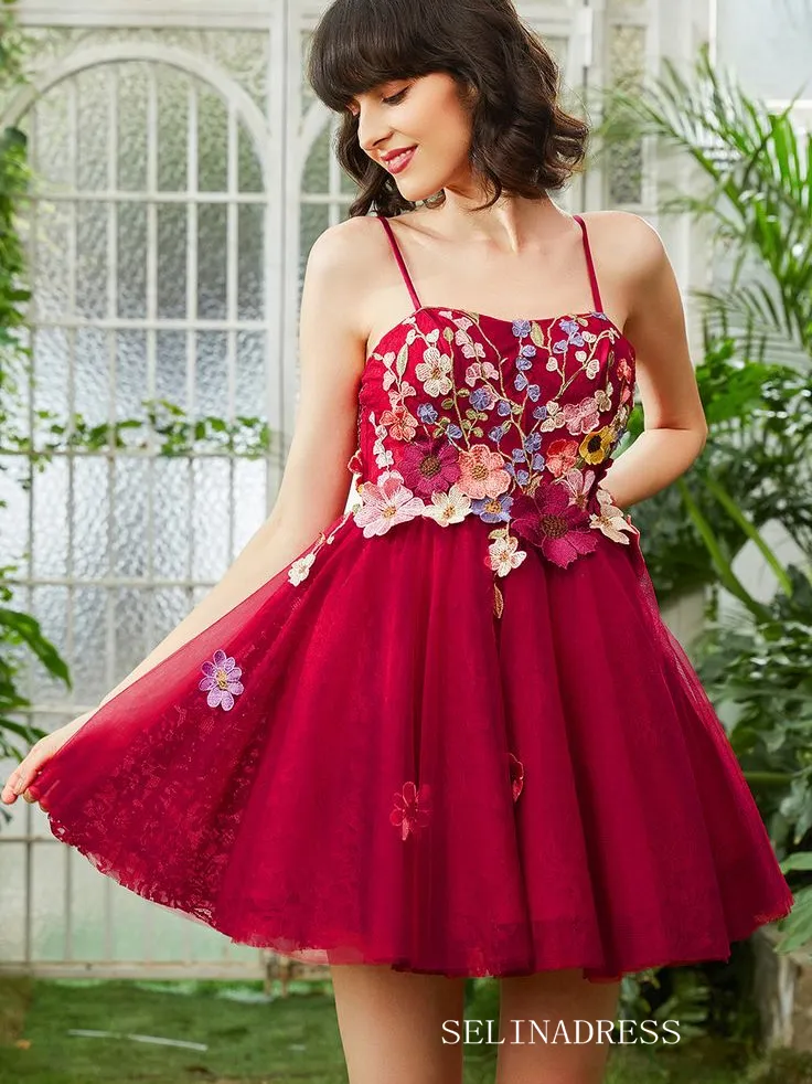 Fuchsia Applique Floral Homecoming Dress Spaghetti Straps Short Prom Dress EWR412