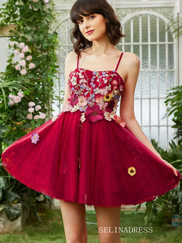 Fuchsia Applique Floral Homecoming Dress Spaghetti Straps Short Prom Dress EWR412