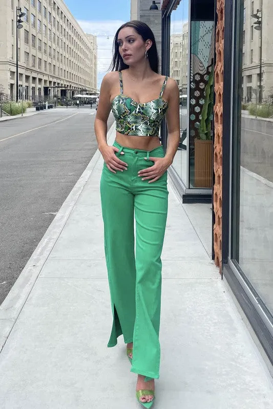 Green Front Slit Wide Leg Tencel Pants