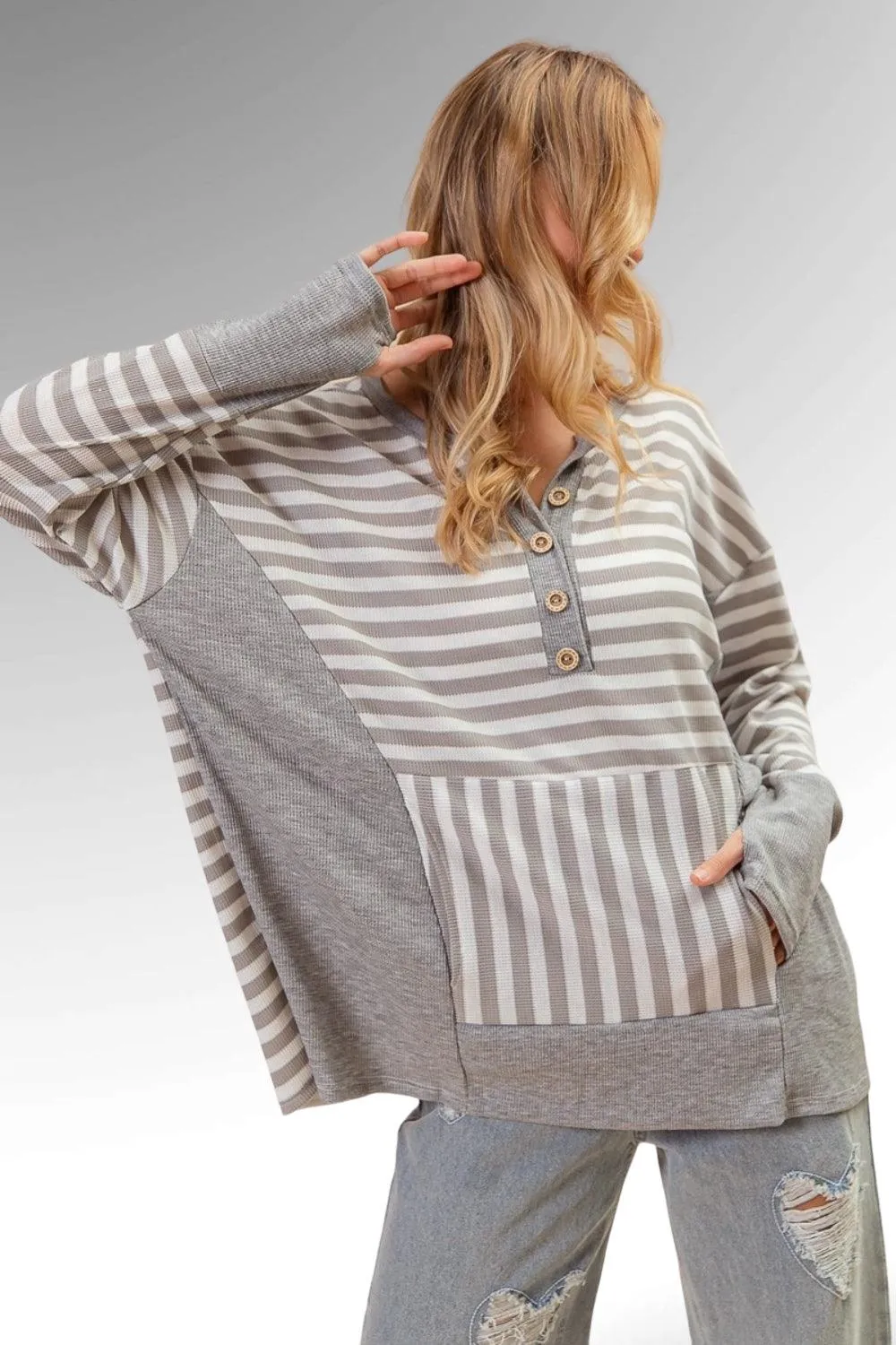 Grey Striped Thumbhole Long Sleeve Top