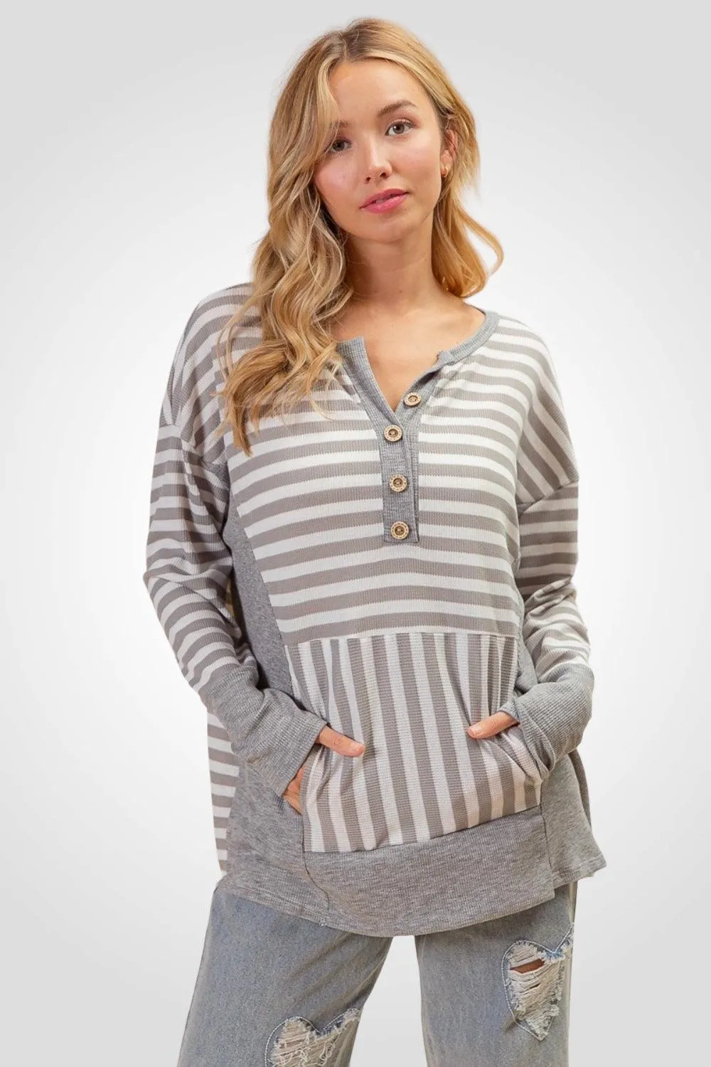 Grey Striped Thumbhole Long Sleeve Top