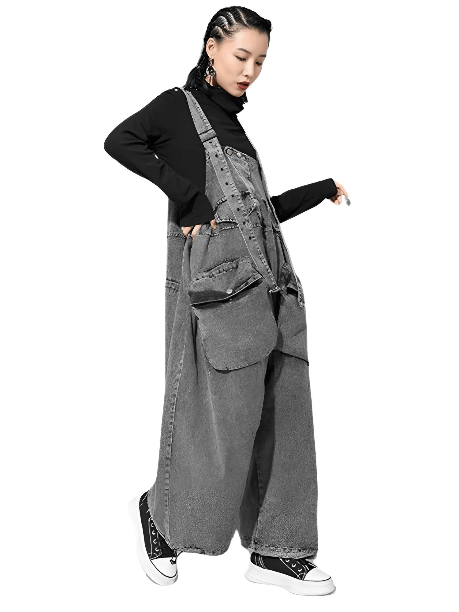 High Waist Women's Denim Overalls Black Pocket Trousers New Loose Fit Pants Women Fashion Spring Autumn