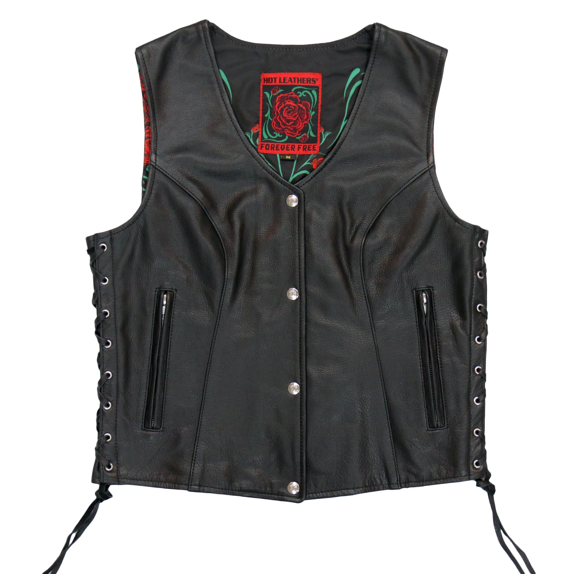 Hot Leathers VSL1019 Ladies BIker 'Red Rose' Lined Black Leather Motorcycle Vest