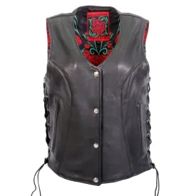 Hot Leathers VSL1019 Ladies BIker 'Red Rose' Lined Black Leather Motorcycle Vest