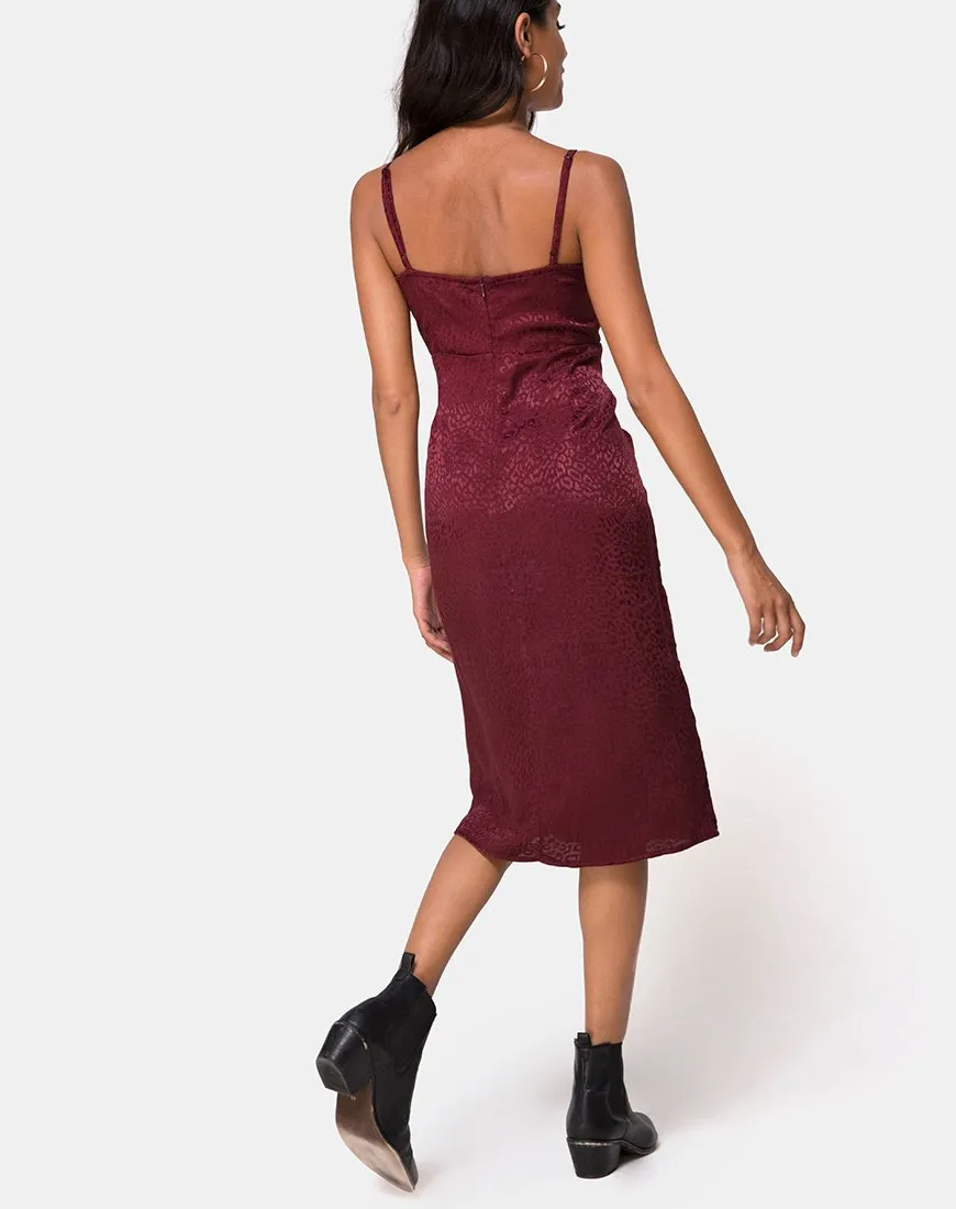 Kaoya Midi Dress in Satin Cheetah Burgundy