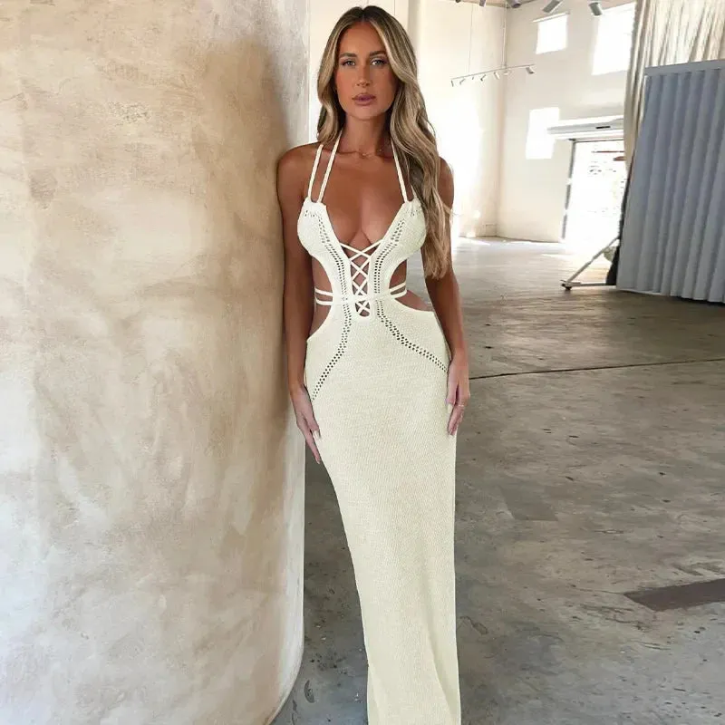 Knitted Sexy Backless Maxi Dress with Halter Design