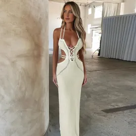 Knitted Sexy Backless Maxi Dress with Halter Design