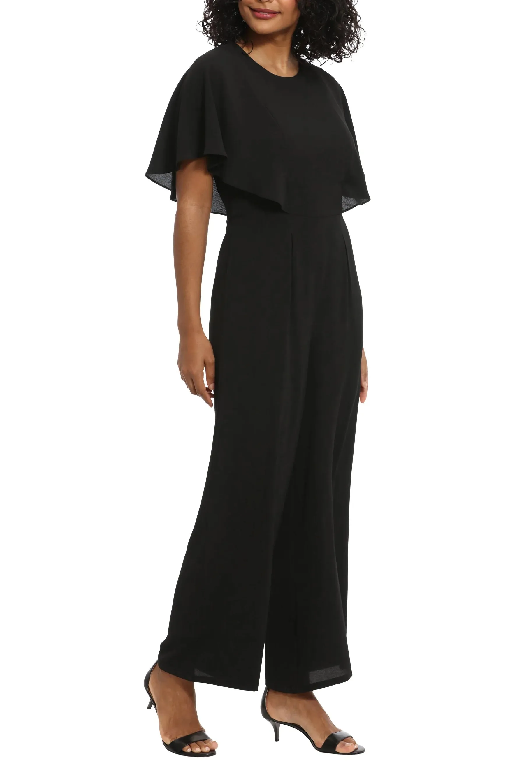 London Times Crew Neck Flutter Sleeve Wide Leg Pleated Pants Bubble Crepe Jumpsuit