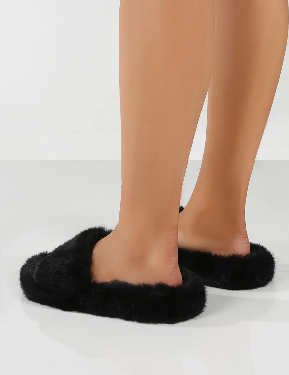 Lucky Black Faux Fur Slider Slipper