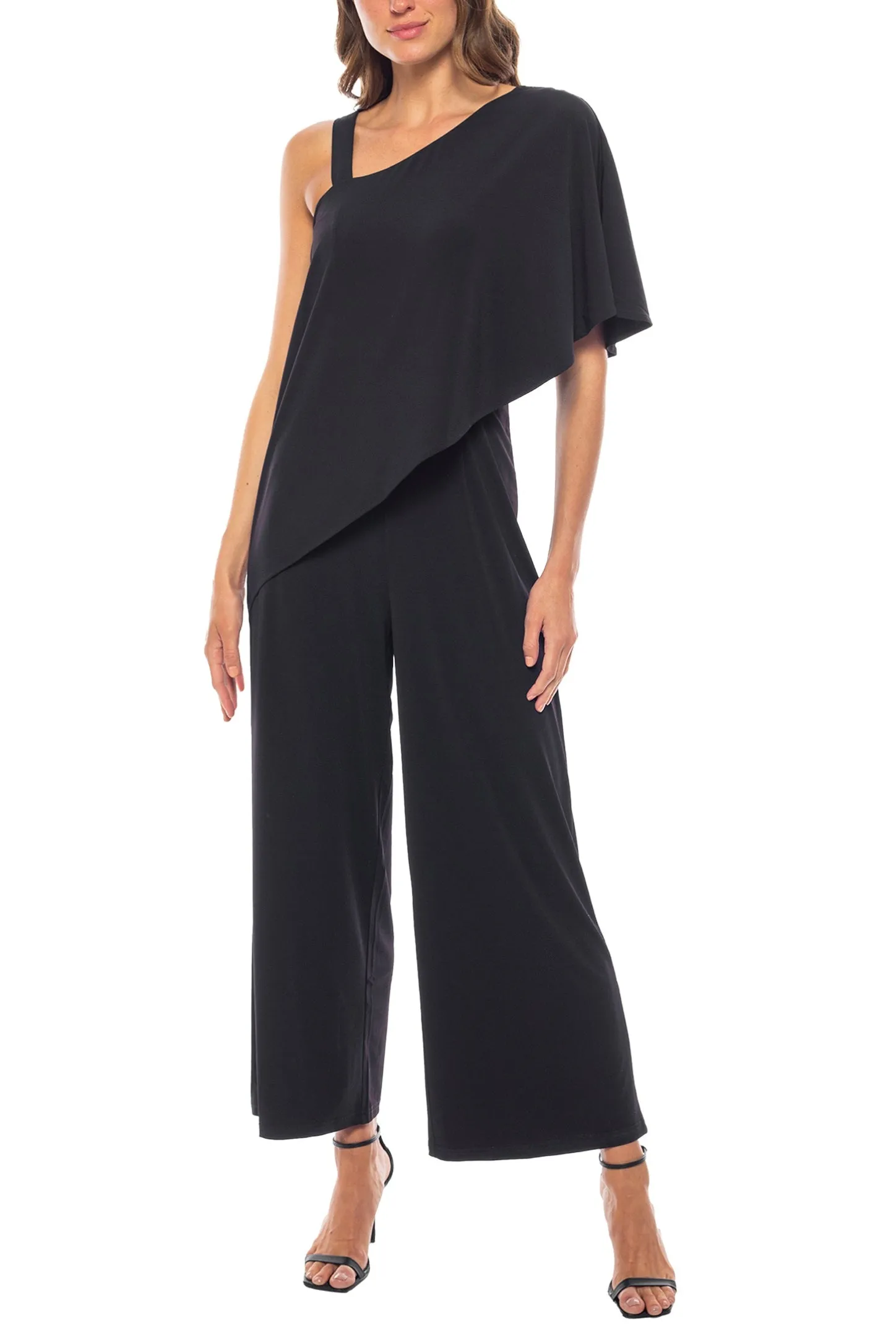 Marina One Shoulder Asymmetrical Neck Short Flutter Sleeve Wide Leg Jumpsuit