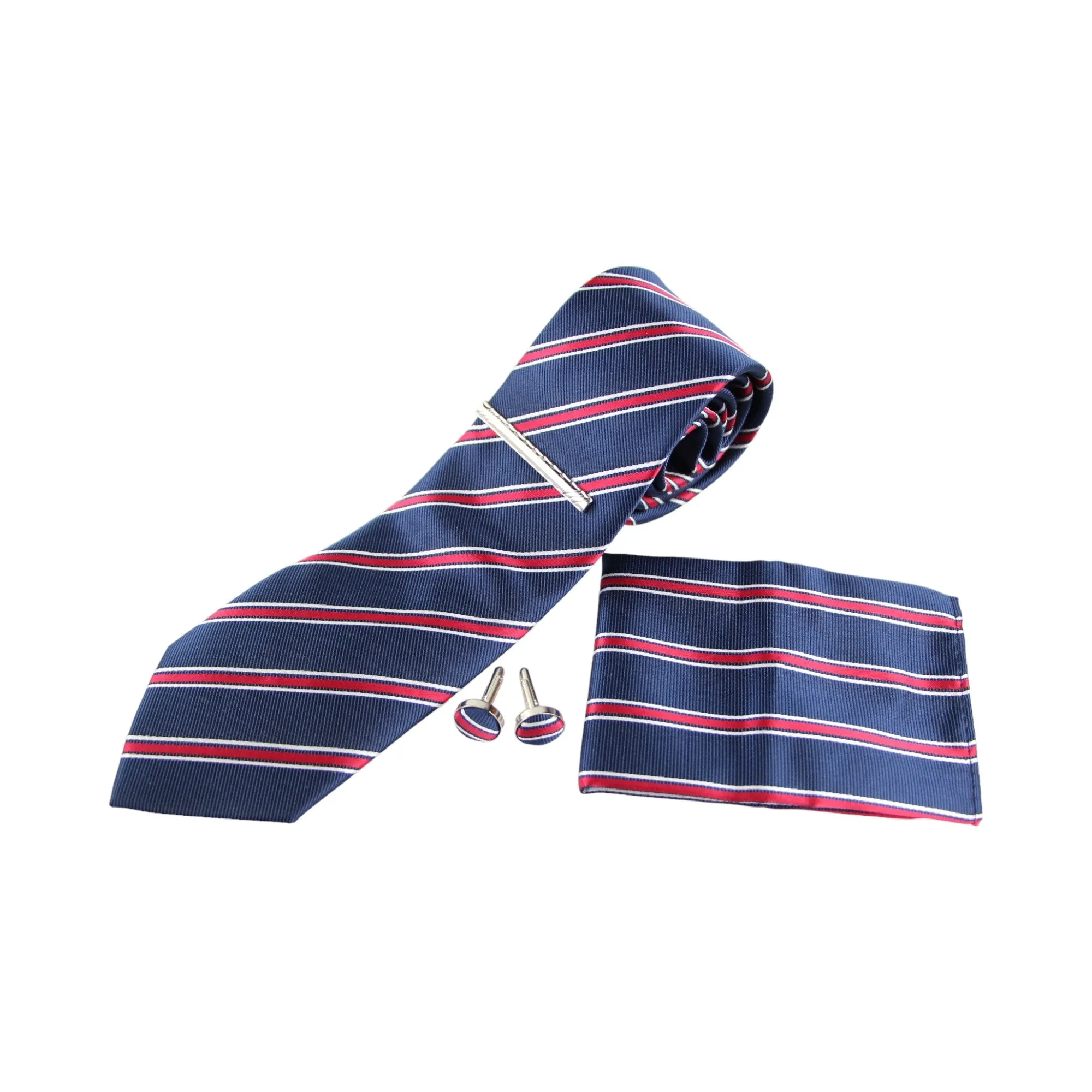 Mens Striped Neck Tie, Pocket Square, Cuff Links & Tie Clip Set