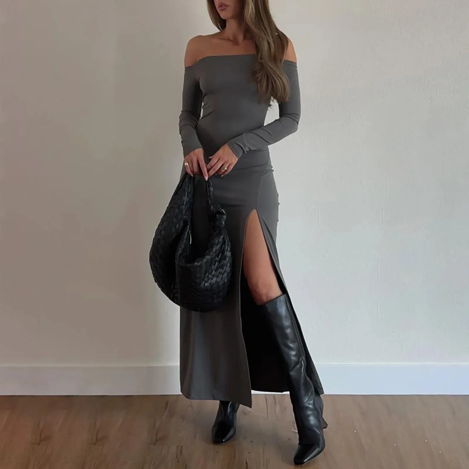 Off-Shoulder Solid Long Sleeve Backless High Slim Bodycon Cocktail Party Maxi Elegant Dress