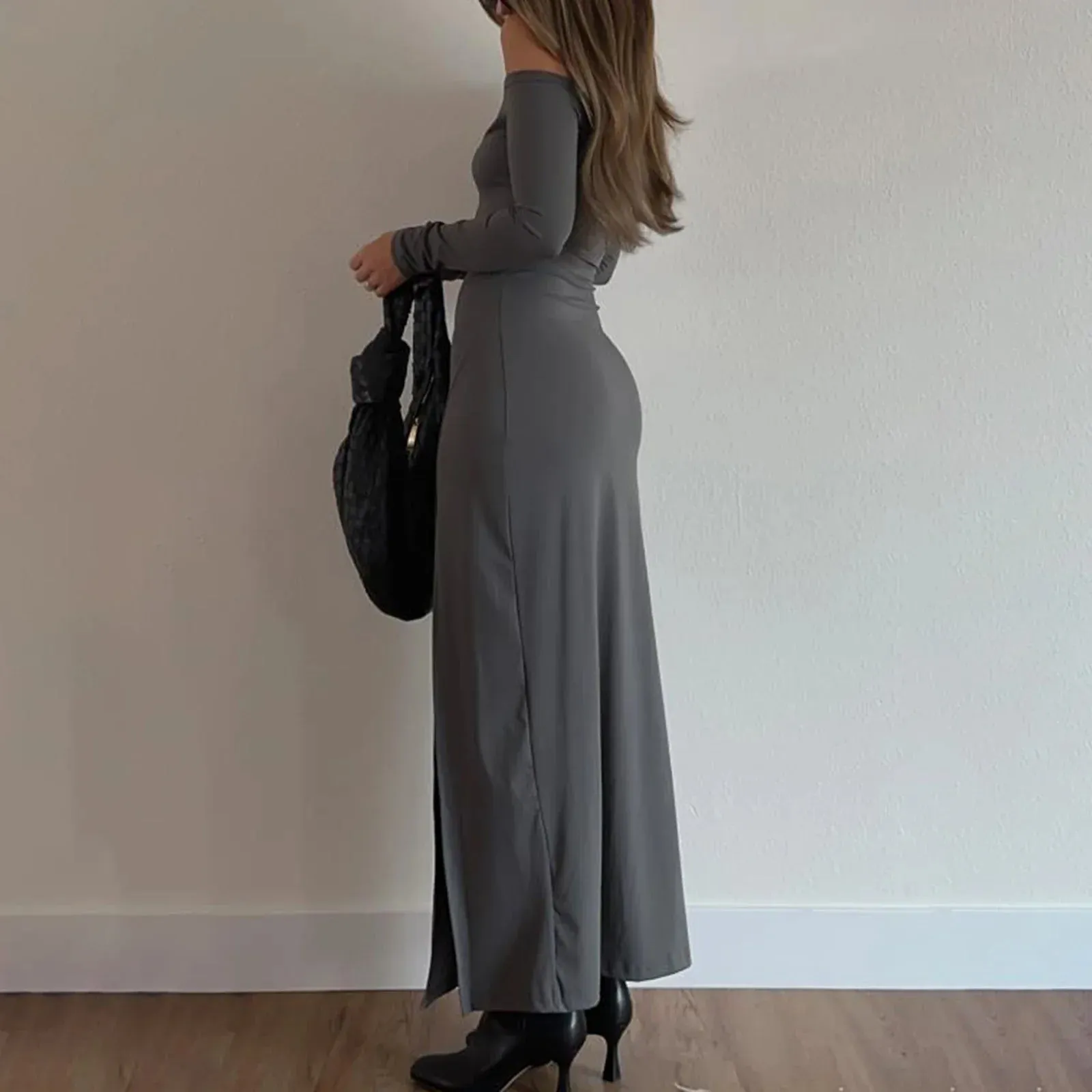 Off-Shoulder Solid Long Sleeve Backless High Slim Bodycon Cocktail Party Maxi Elegant Dress