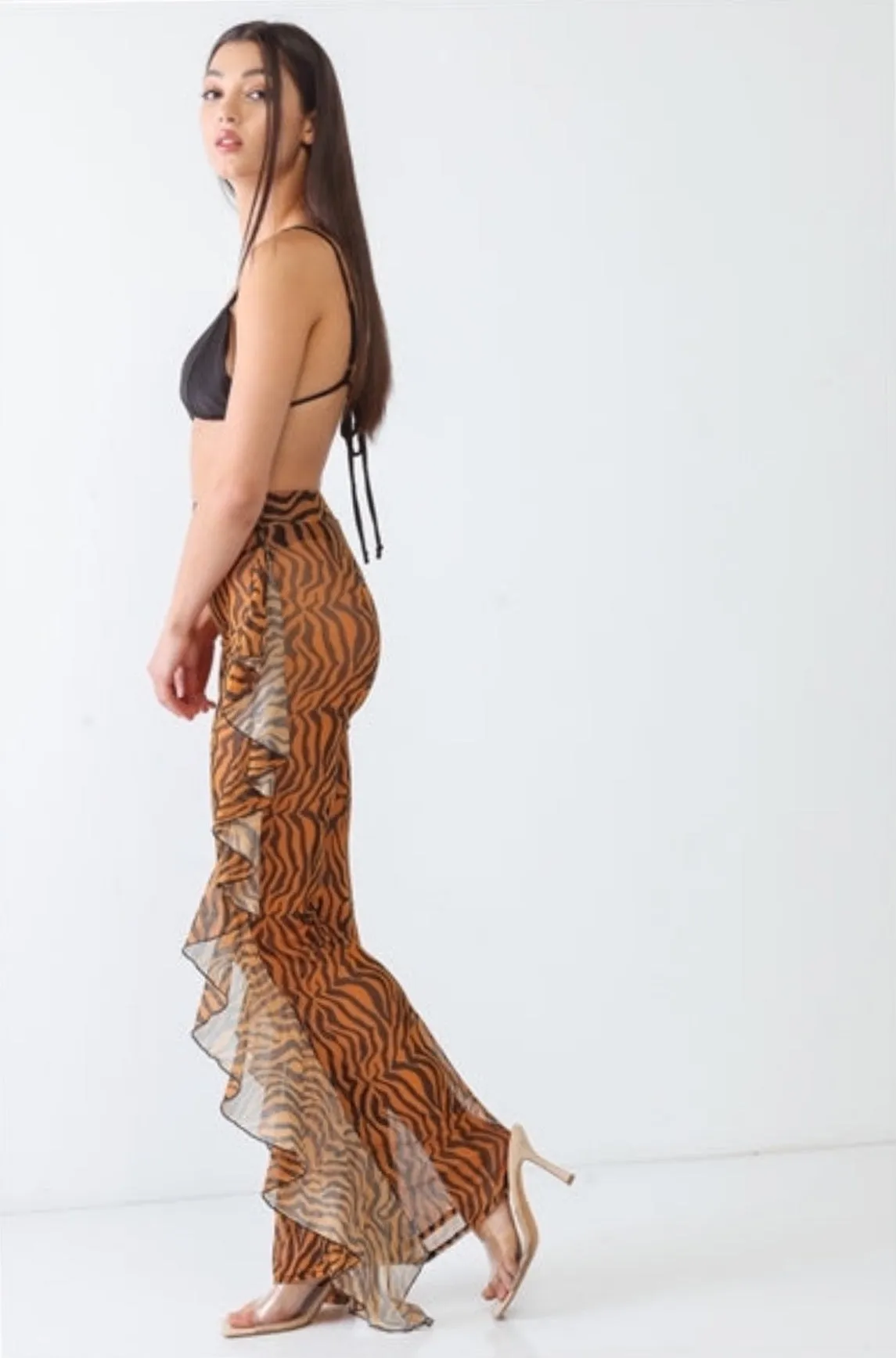 Orange Combo Tiger Animal Print Mesh Sheer High Waist Sexy Ruffle Pants