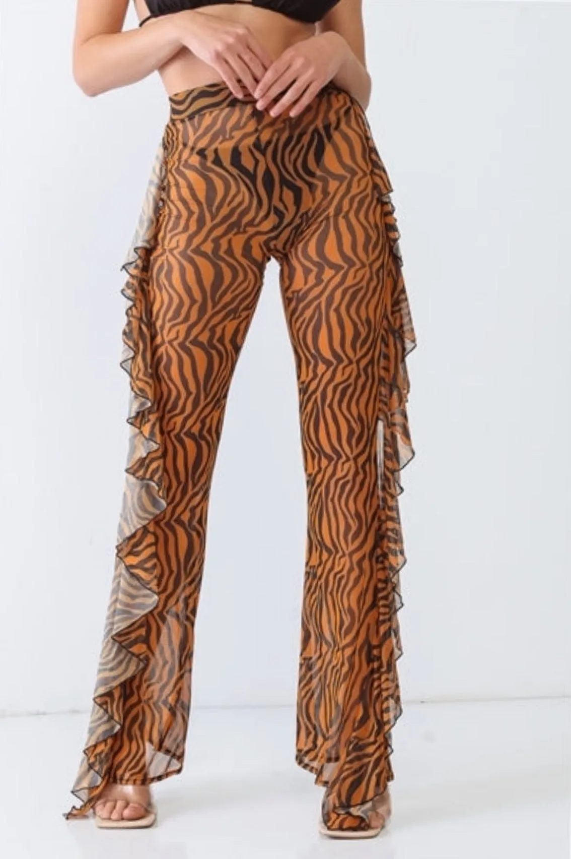 Orange Combo Tiger Animal Print Mesh Sheer High Waist Sexy Ruffle Pants