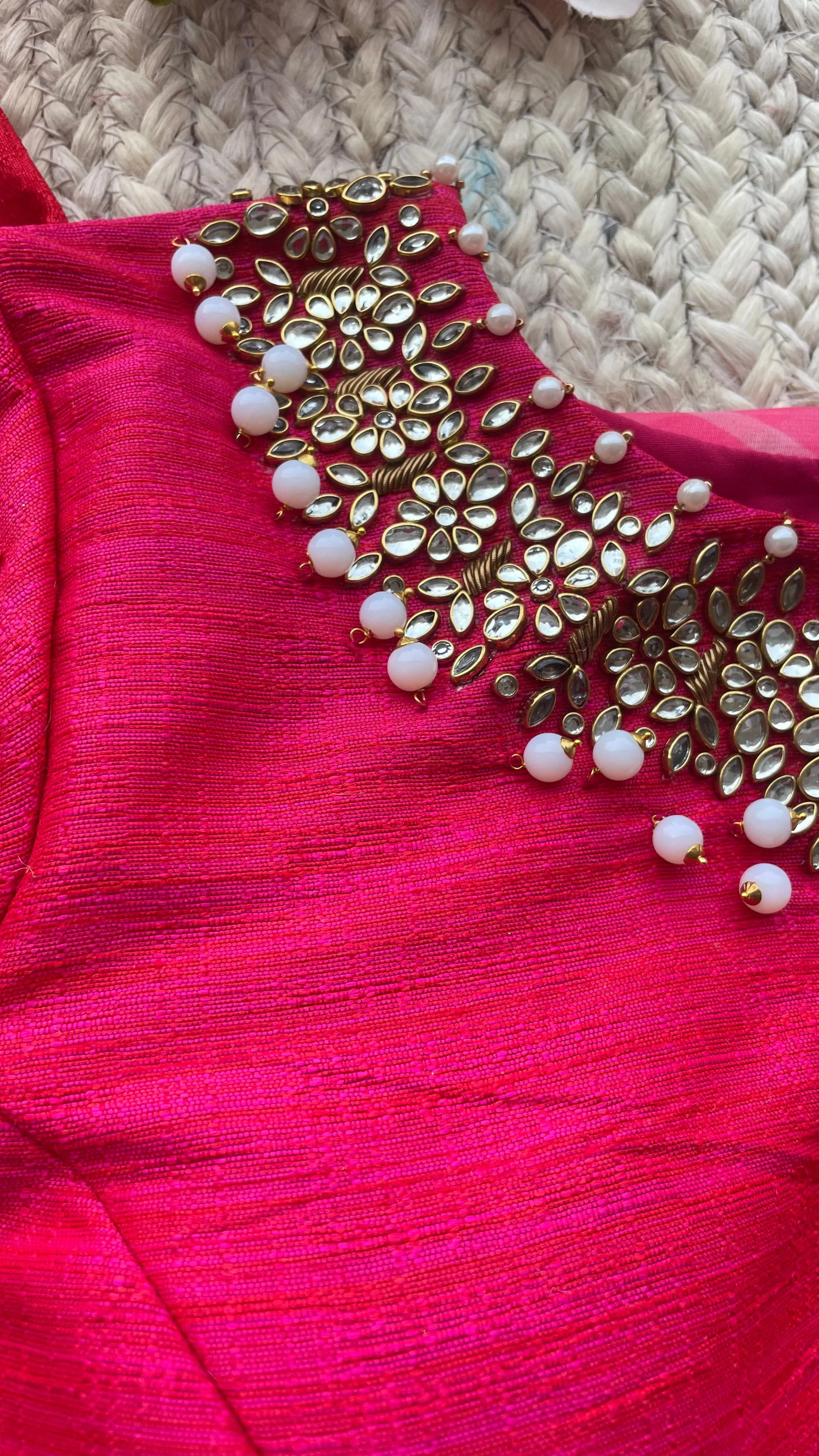 Pink organza saree with jewel neck pink blouse