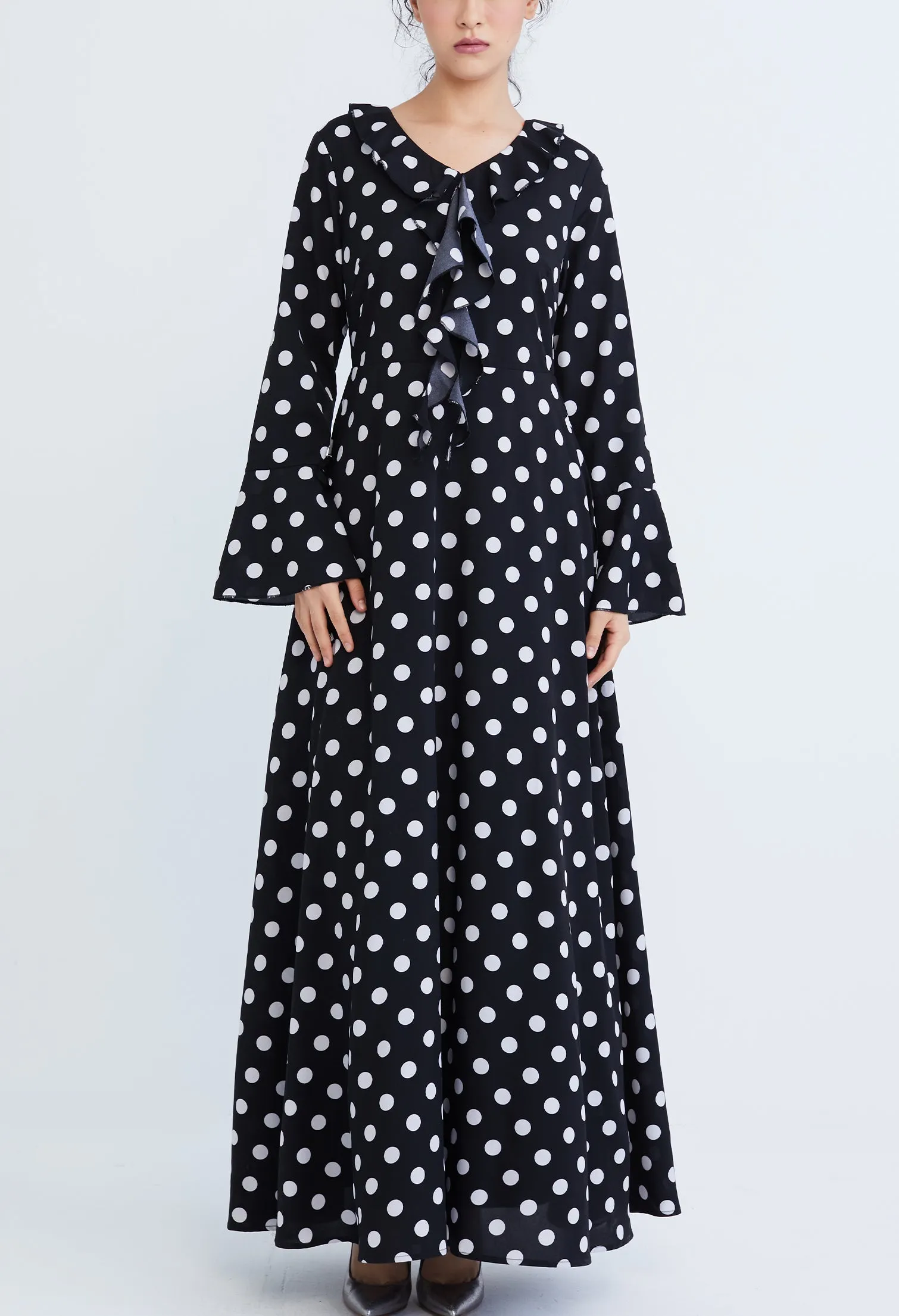 Polka Dot Ruffled V-Neckline Maxi Dress