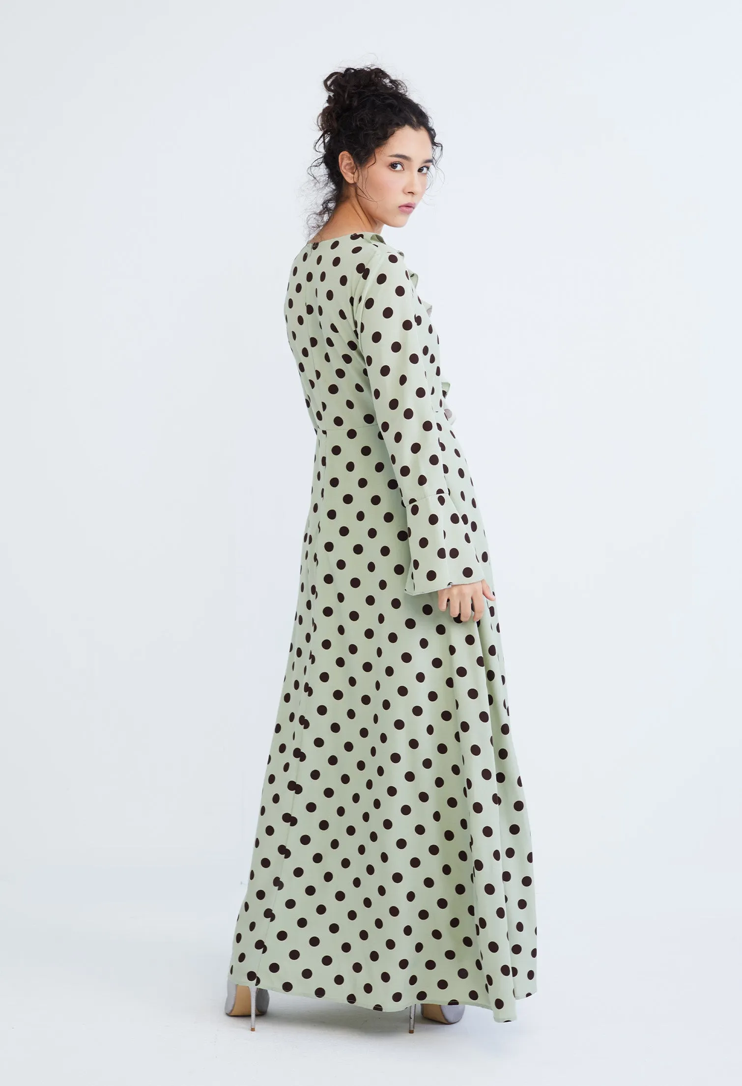 Polka Dot Ruffled V-Neckline Maxi Dress