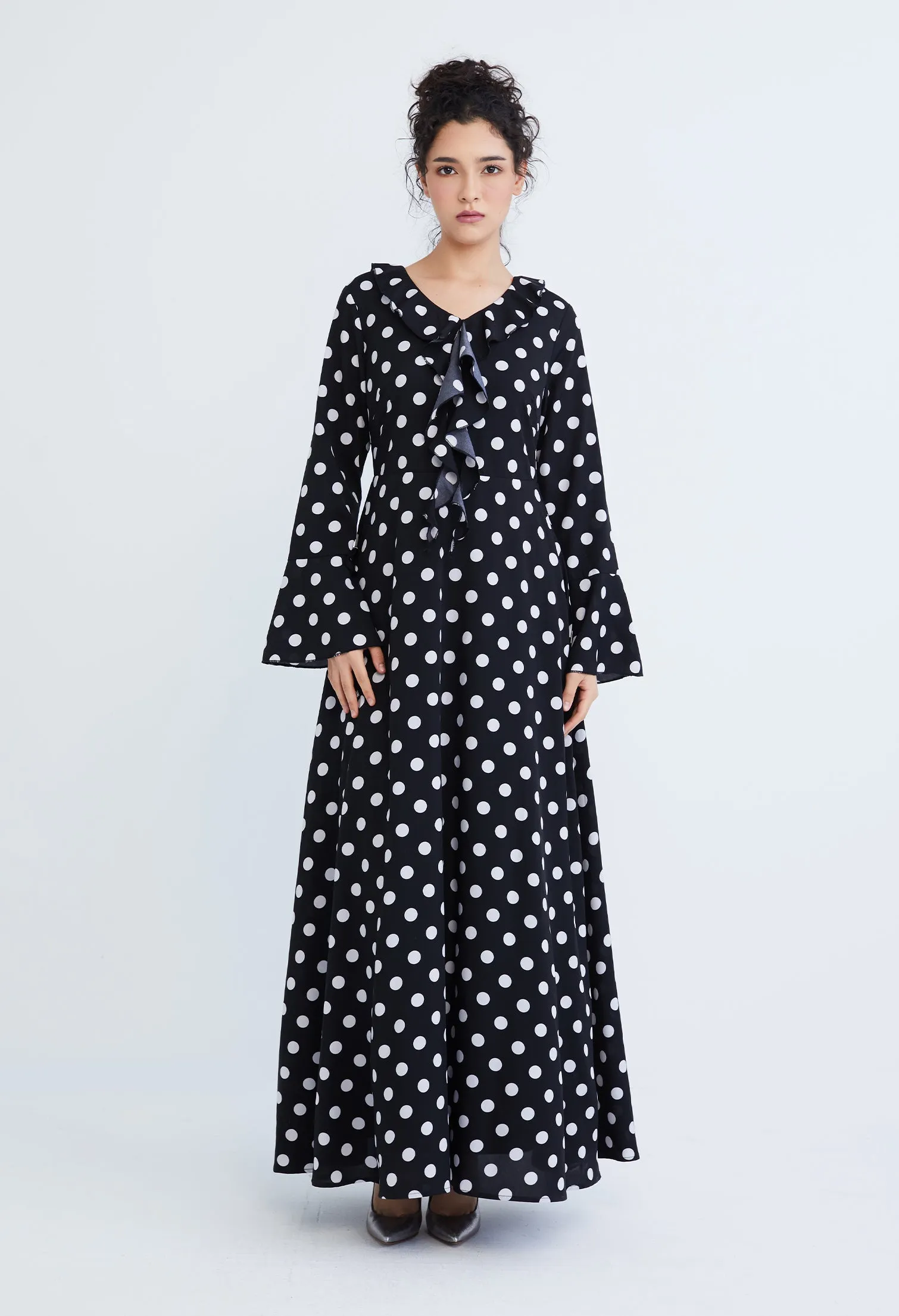 Polka Dot Ruffled V-Neckline Maxi Dress