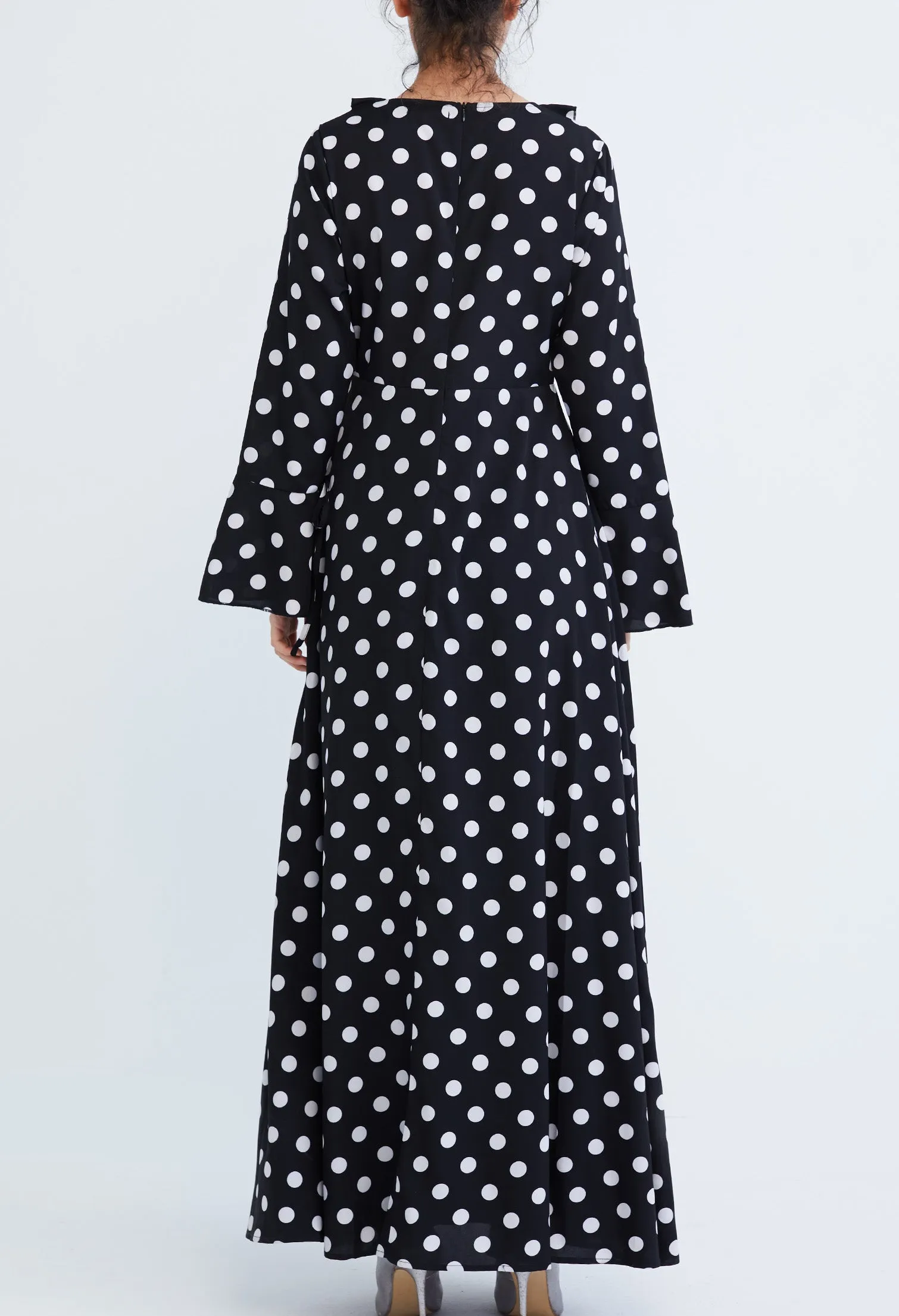 Polka Dot Ruffled V-Neckline Maxi Dress