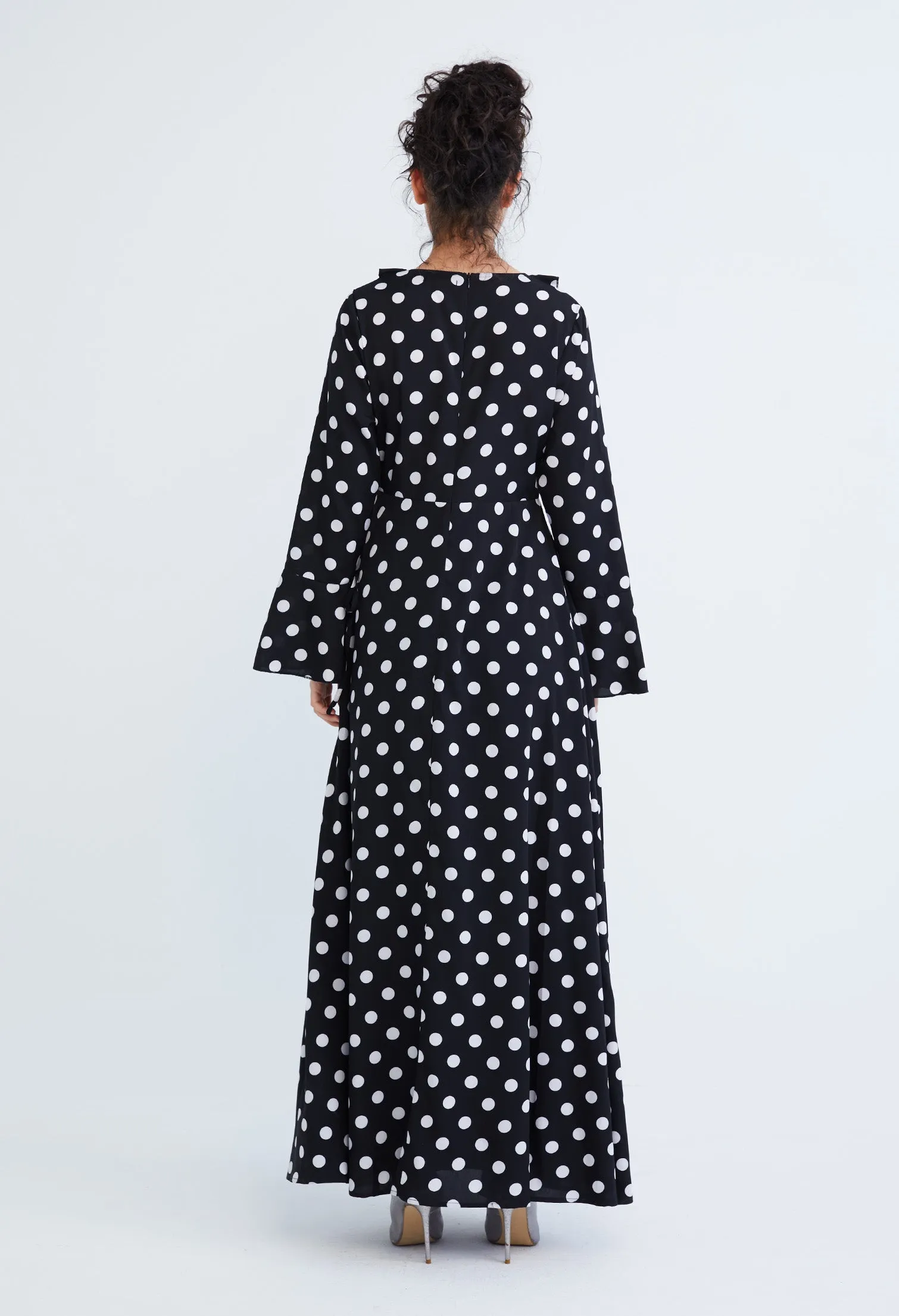 Polka Dot Ruffled V-Neckline Maxi Dress