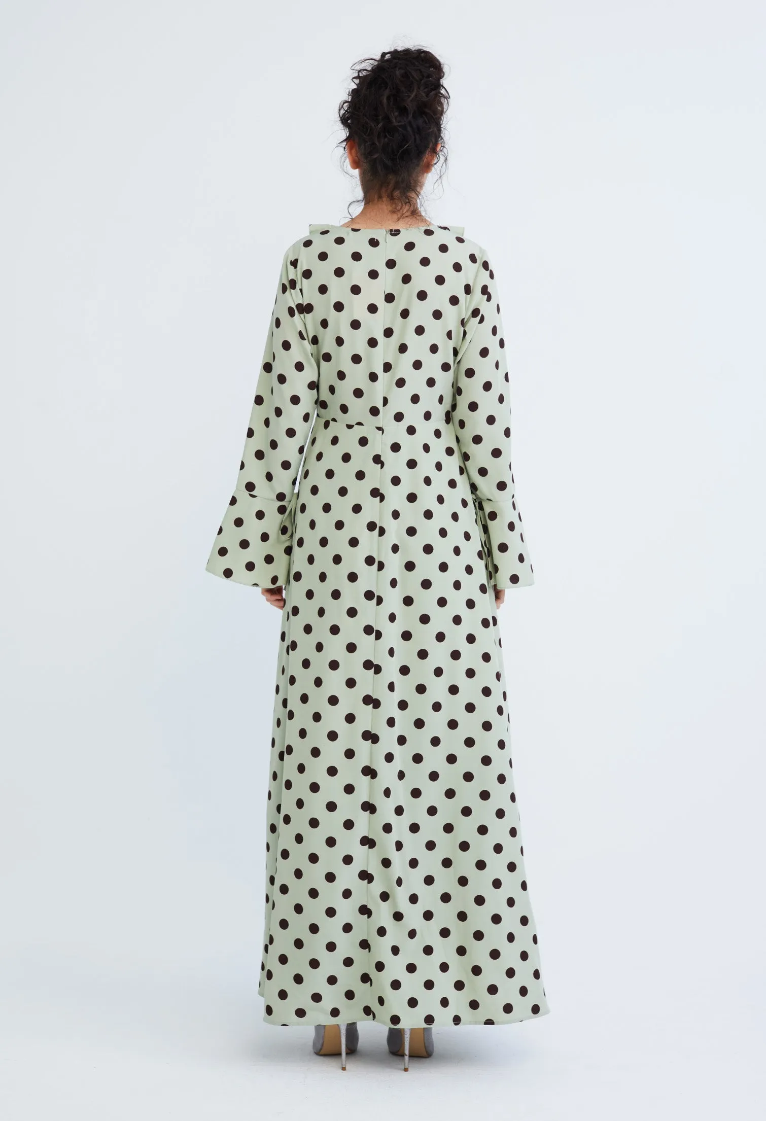 Polka Dot Ruffled V-Neckline Maxi Dress