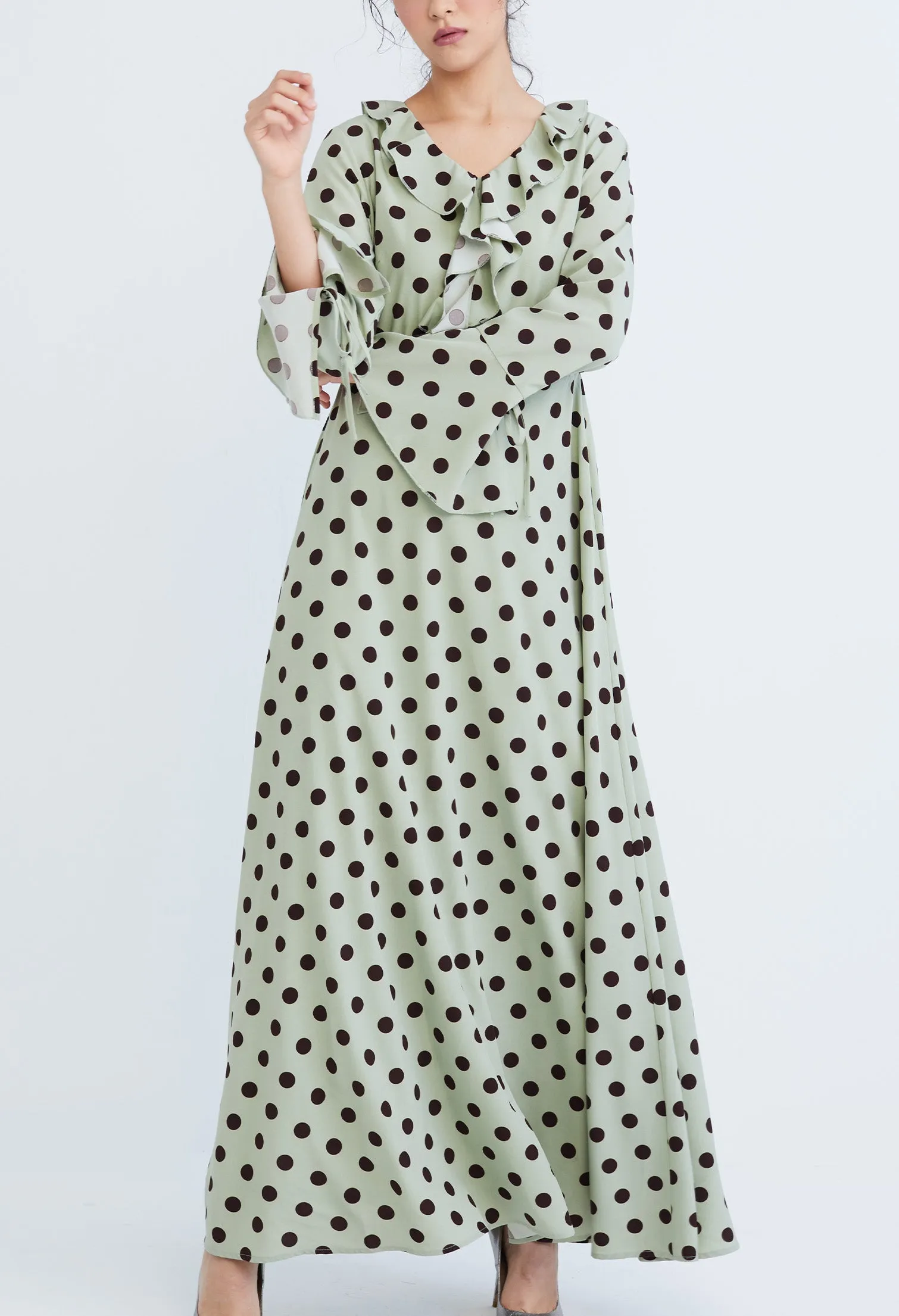 Polka Dot Ruffled V-Neckline Maxi Dress