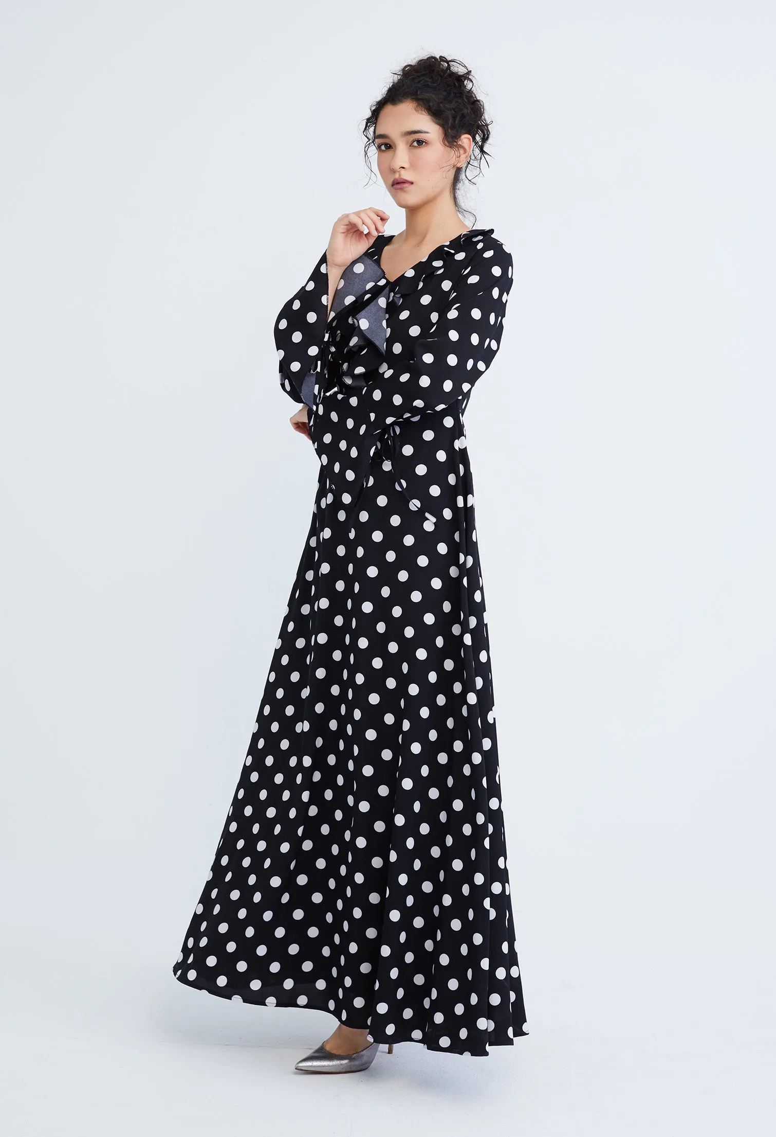 Polka Dot Ruffled V-Neckline Maxi Dress