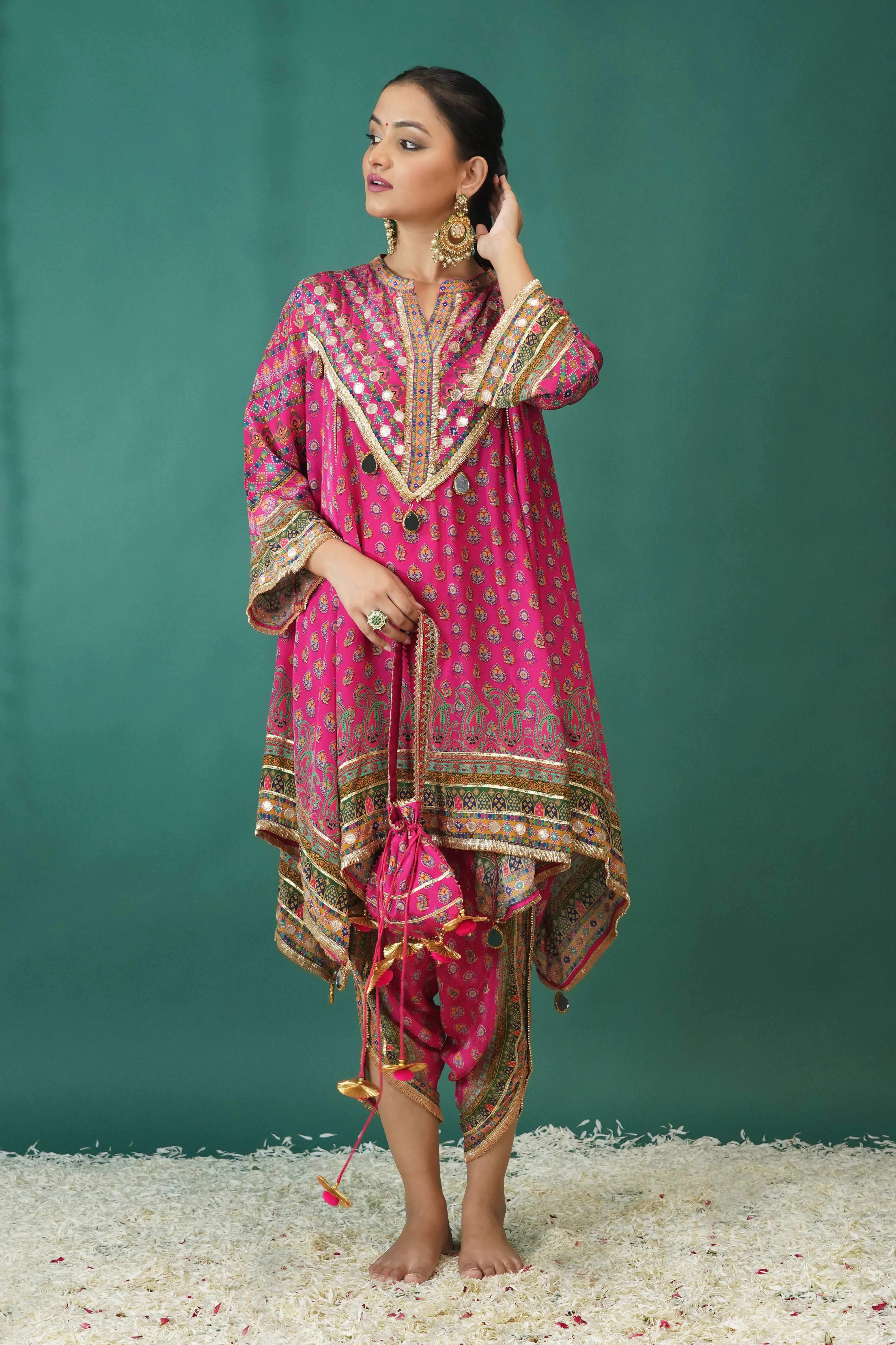 Rani Pink Ethnic Printed Crepe Silk Dhoti Set