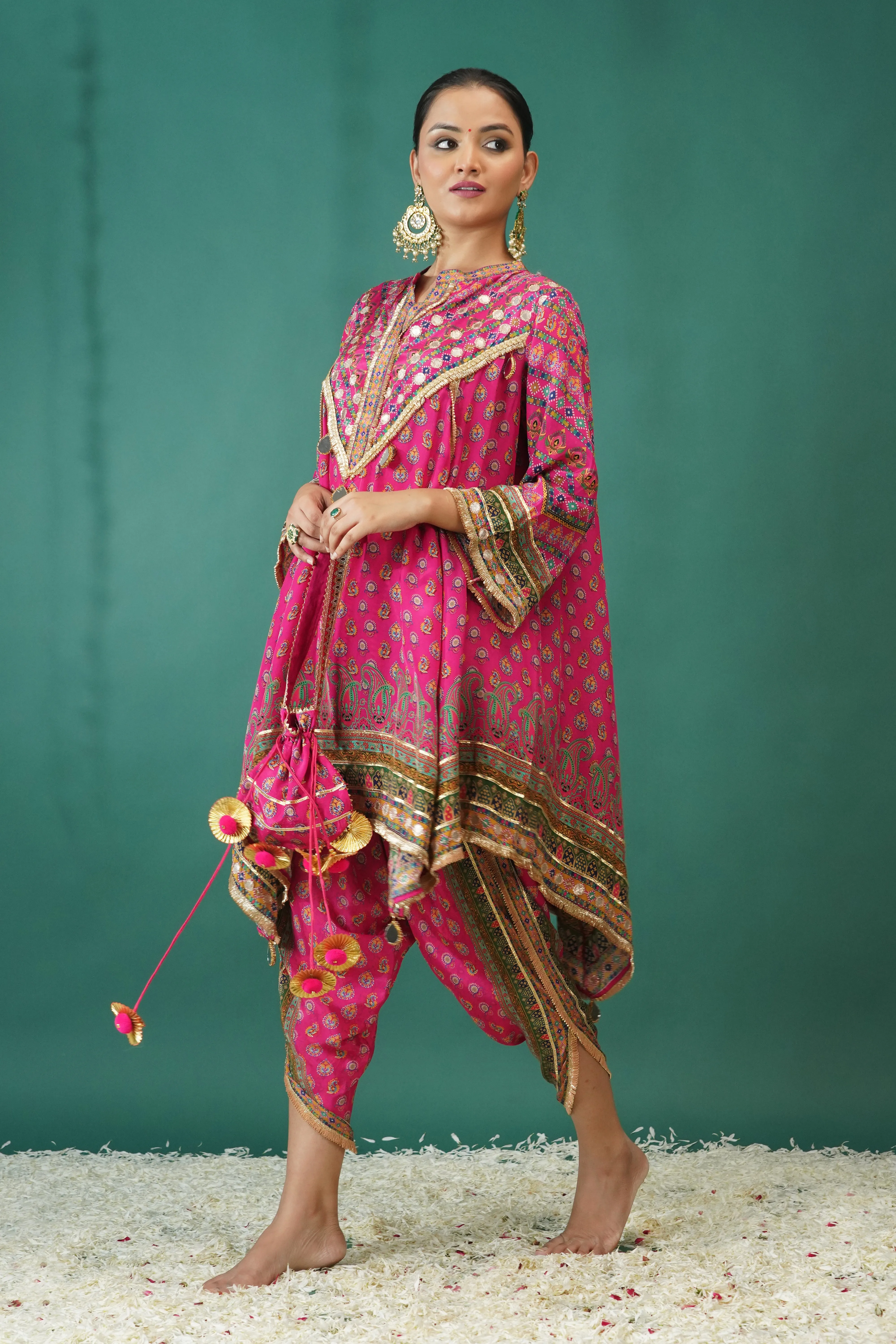 Rani Pink Ethnic Printed Crepe Silk Dhoti Set