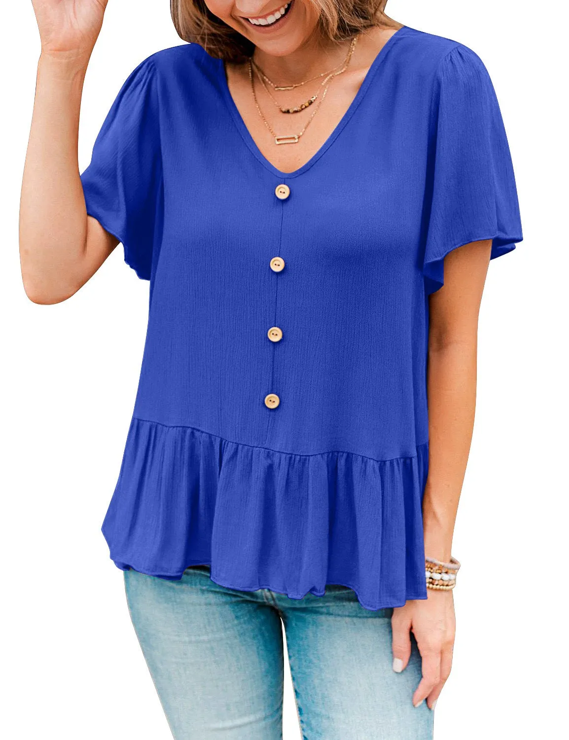 Royal Blue V-Neckline Buttons Loose Peplum Top