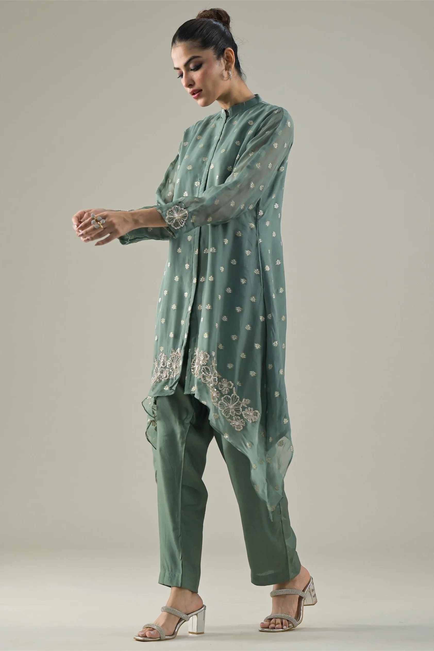 Sage Green Embroidered Tissue Silk Pants Set