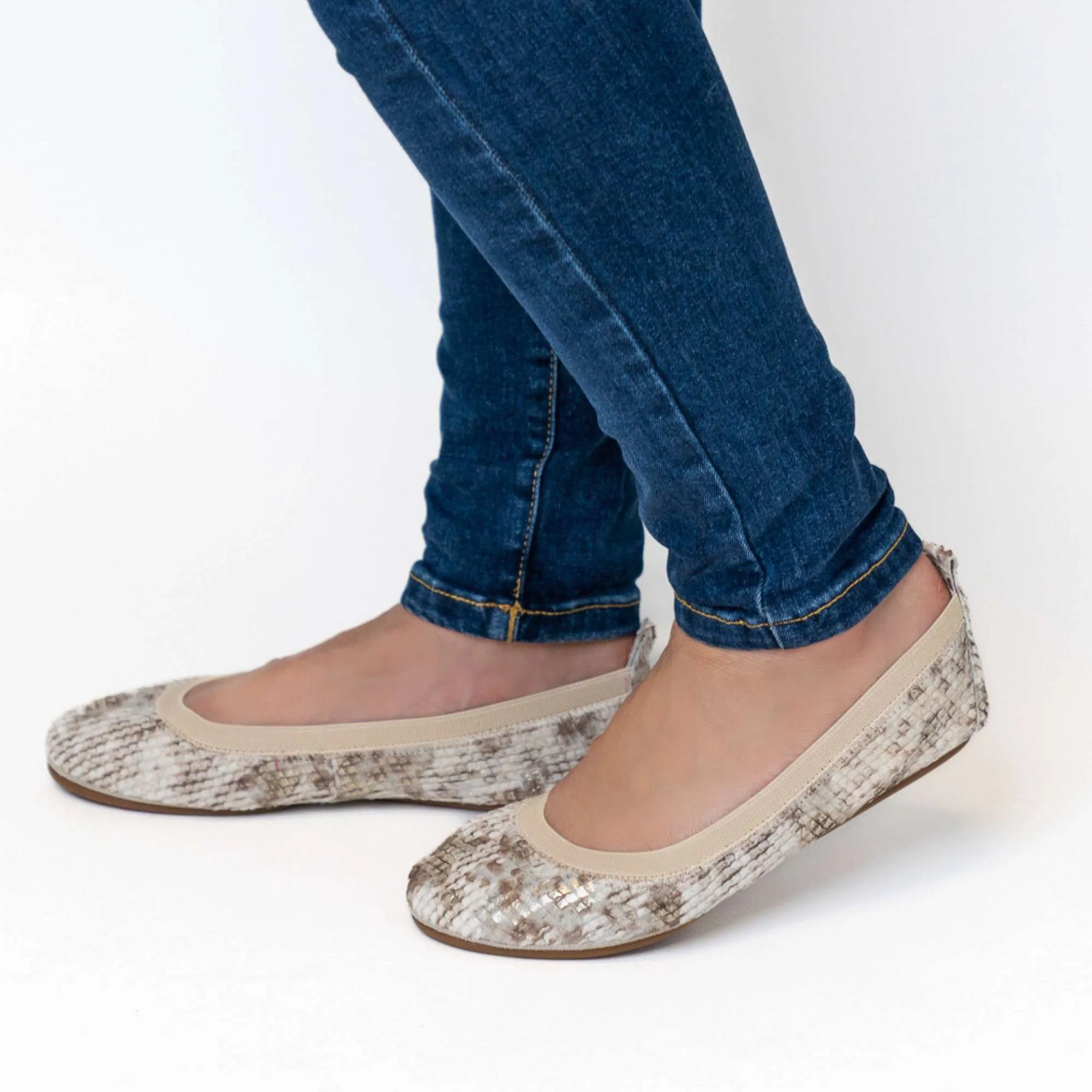 Samara Foldable Ballet Flat in Gold Snake Leather